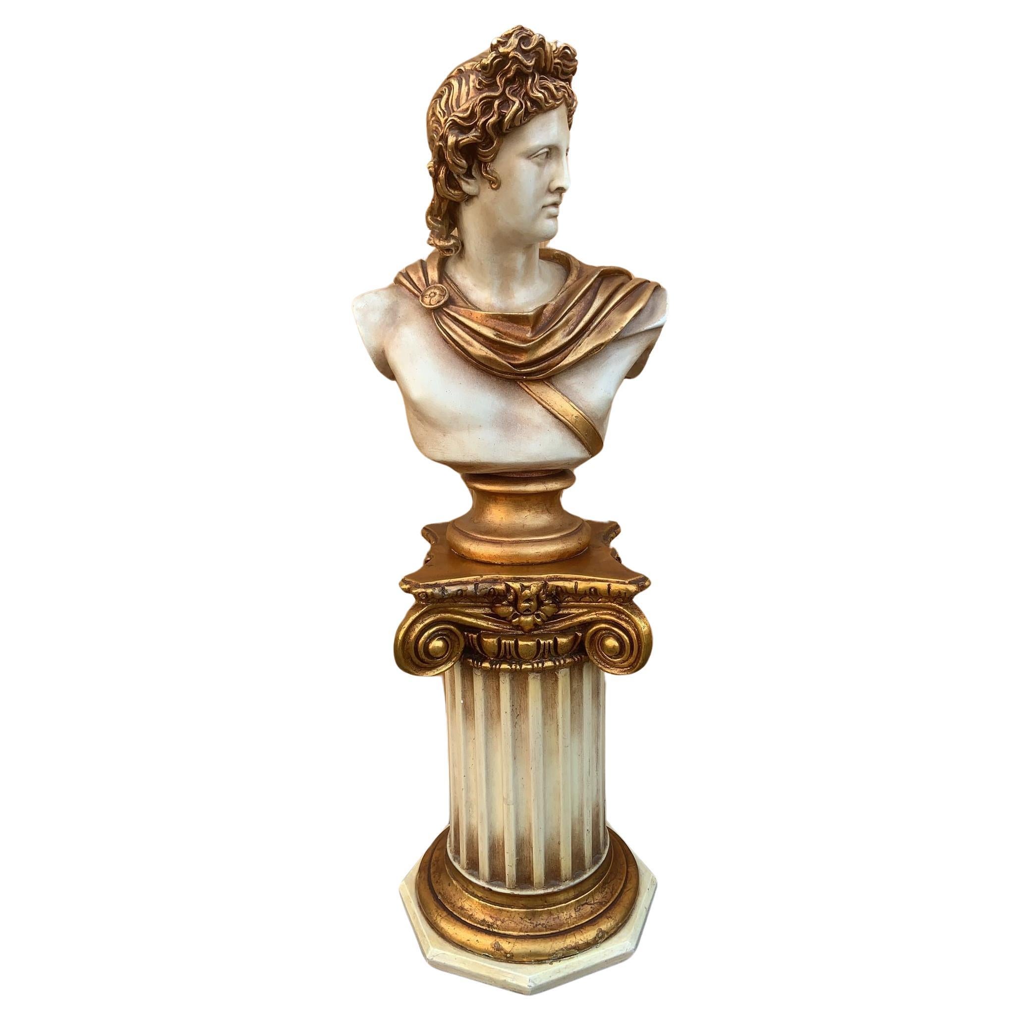 Vintage Gold Gilt Apollo Bust with Column Pedestal  For Sale