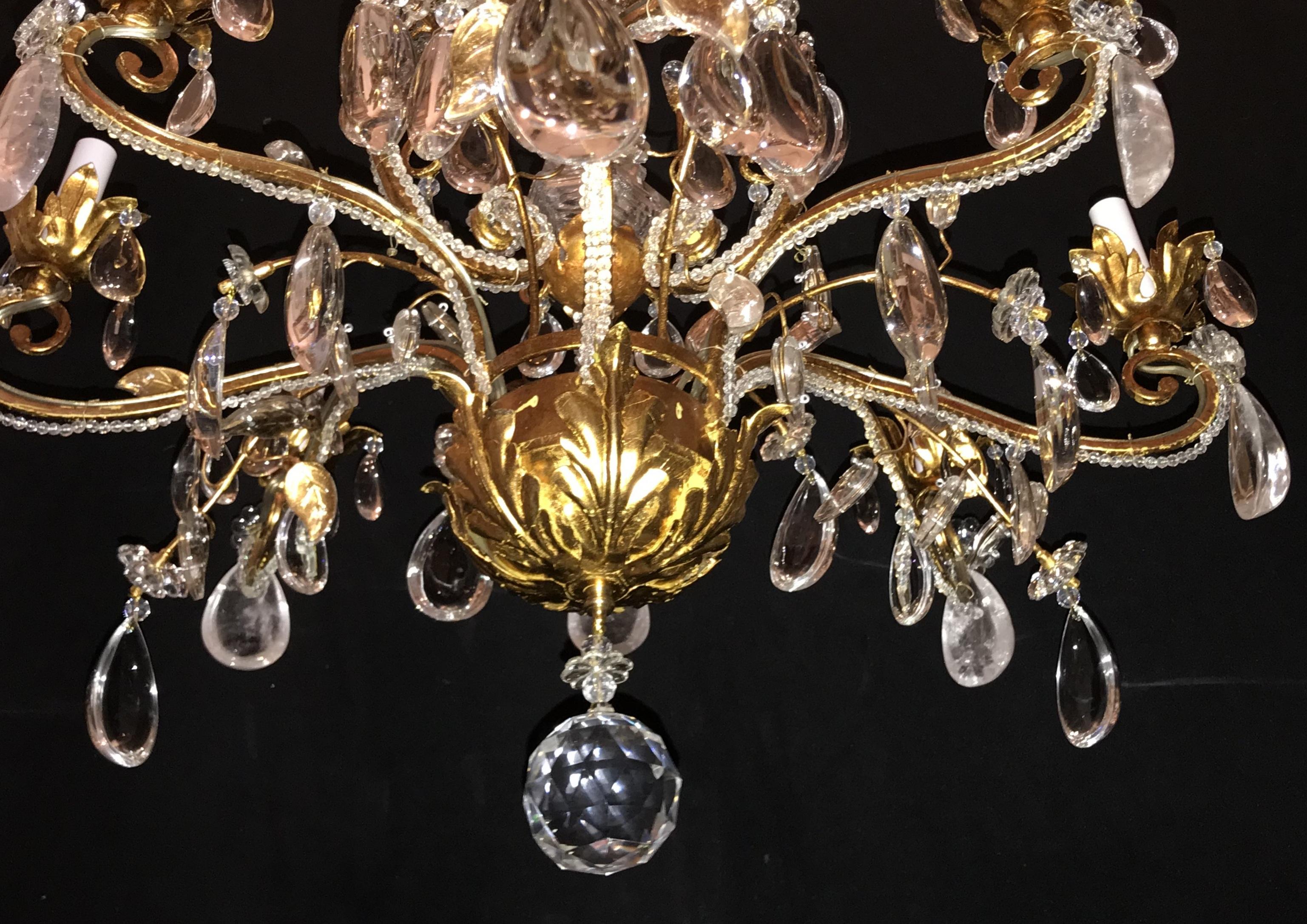 A Vintage gold gilt Baguès style rock crystal nine-light fixture filigree large chandelier.
  