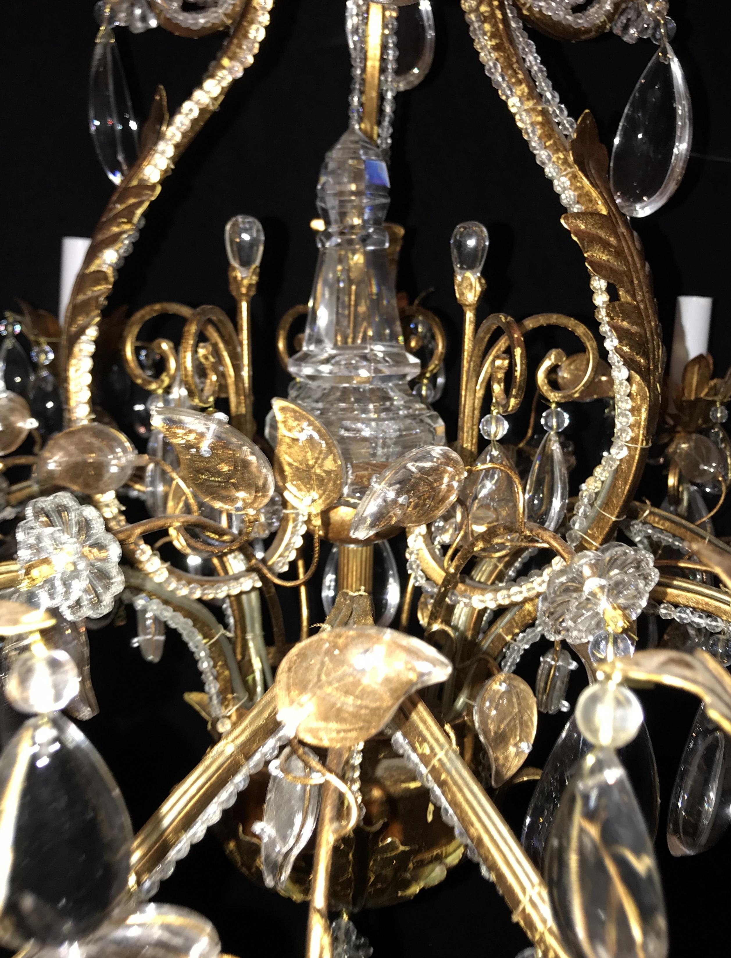 Belle Époque Vintage Gold Gilt Baguès Rock Crystal Nine Light Fixture Filigree Chandelier