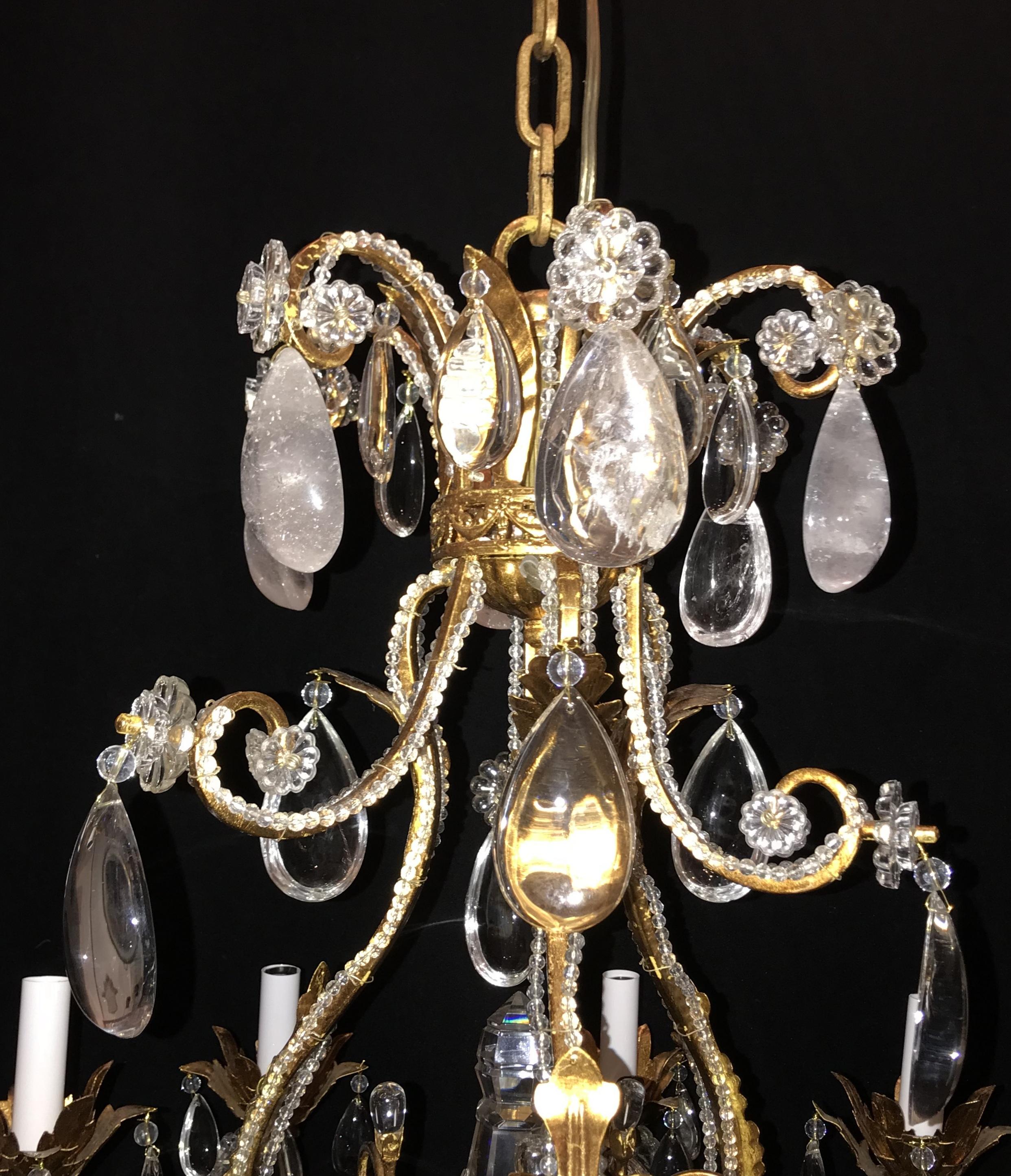 French Vintage Gold Gilt Baguès Rock Crystal Nine Light Fixture Filigree Chandelier
