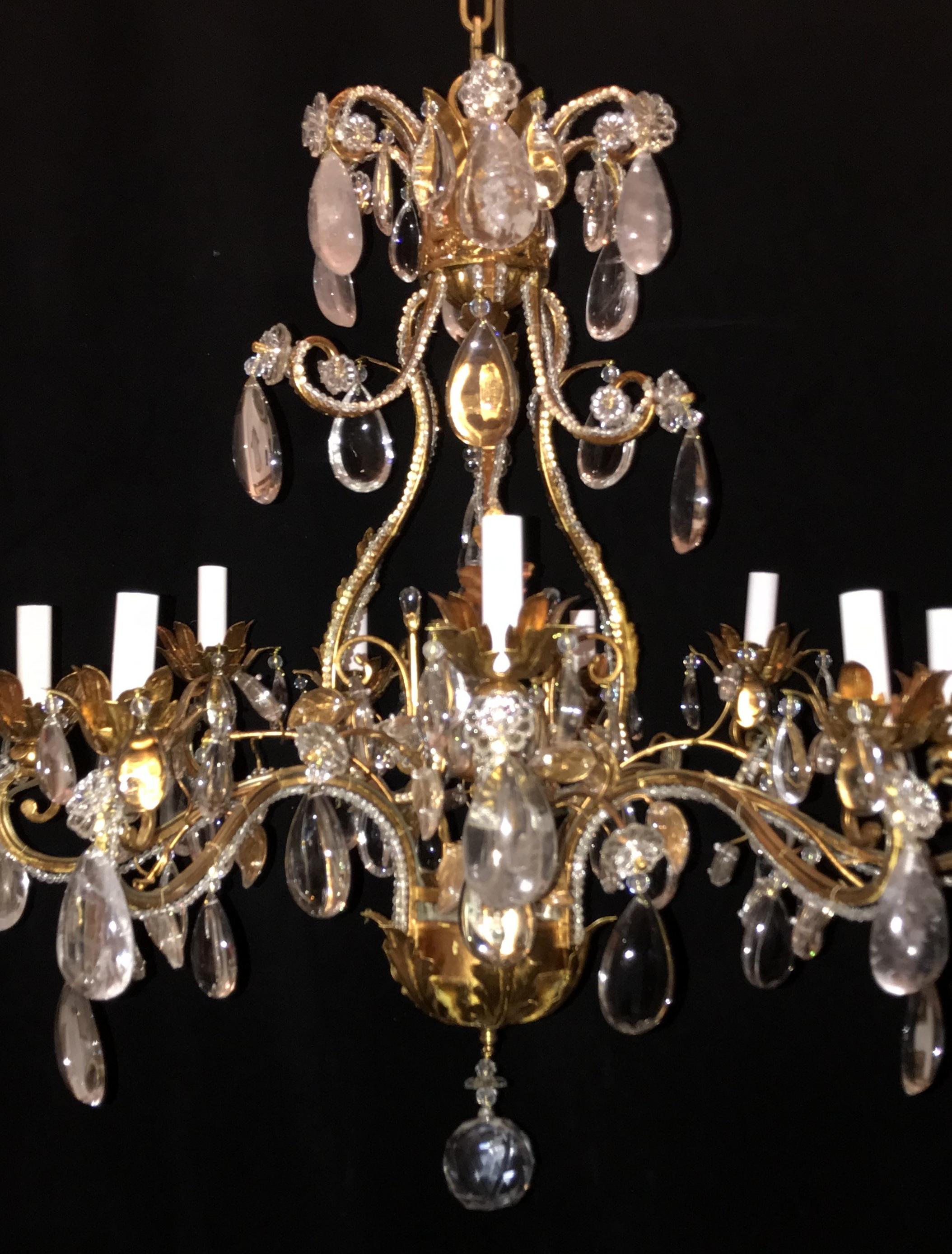 Vintage Gold Gilt Baguès Rock Crystal Nine Light Fixture Filigree Chandelier In Good Condition In Roslyn, NY