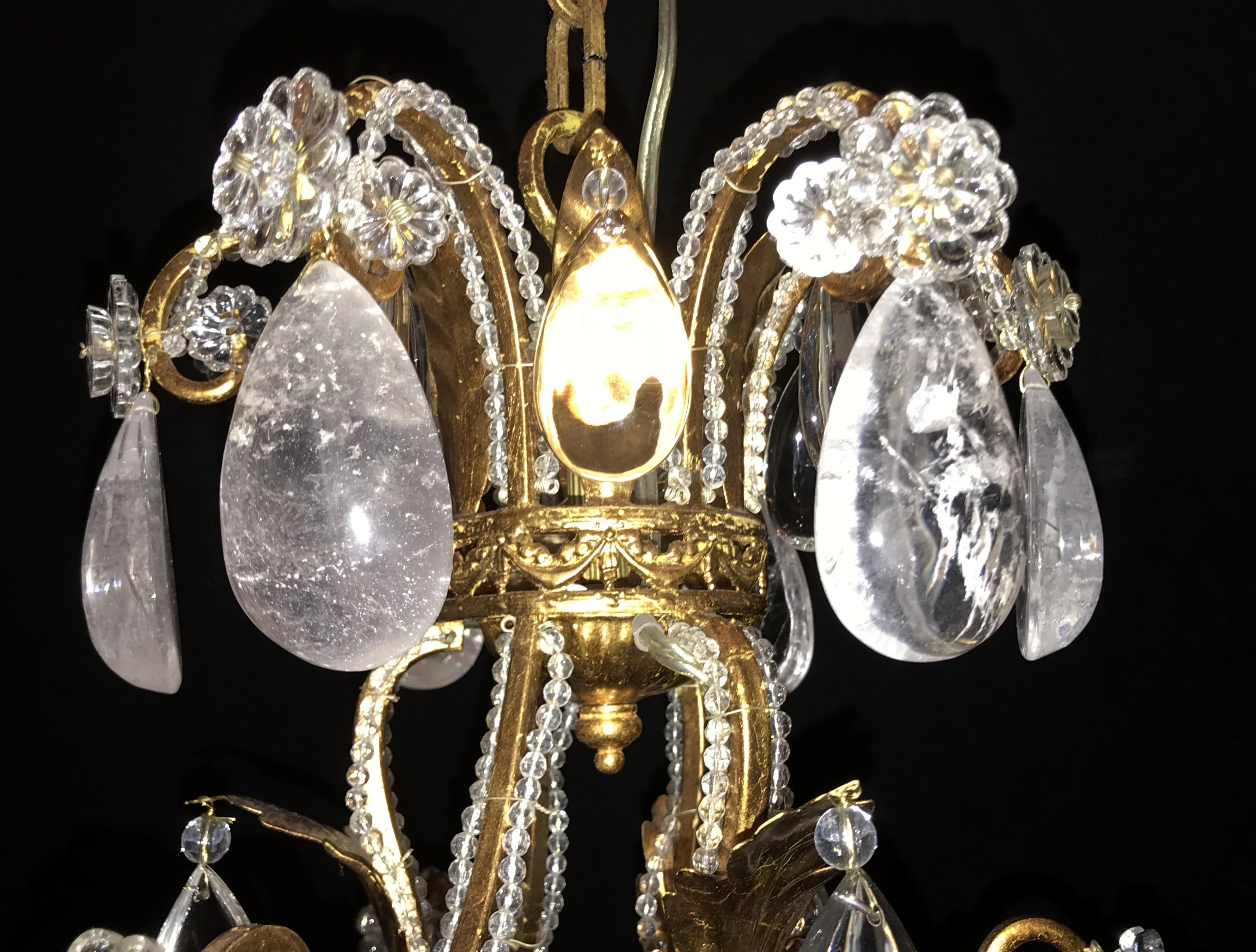 20th Century Vintage Gold Gilt Baguès Rock Crystal Nine Light Fixture Filigree Chandelier