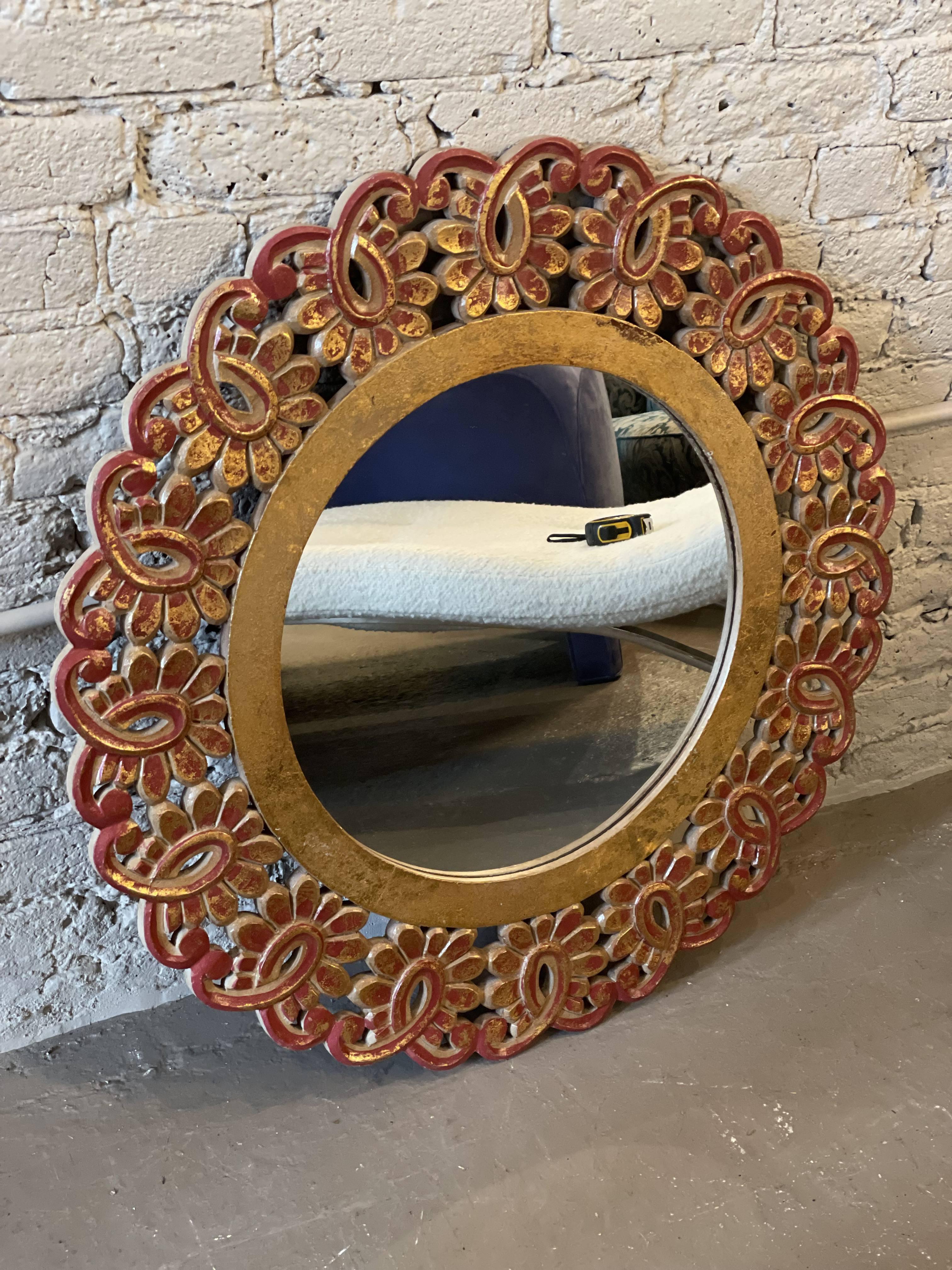 Vintage Gold Gilt Floral Round Mirror For Sale 1