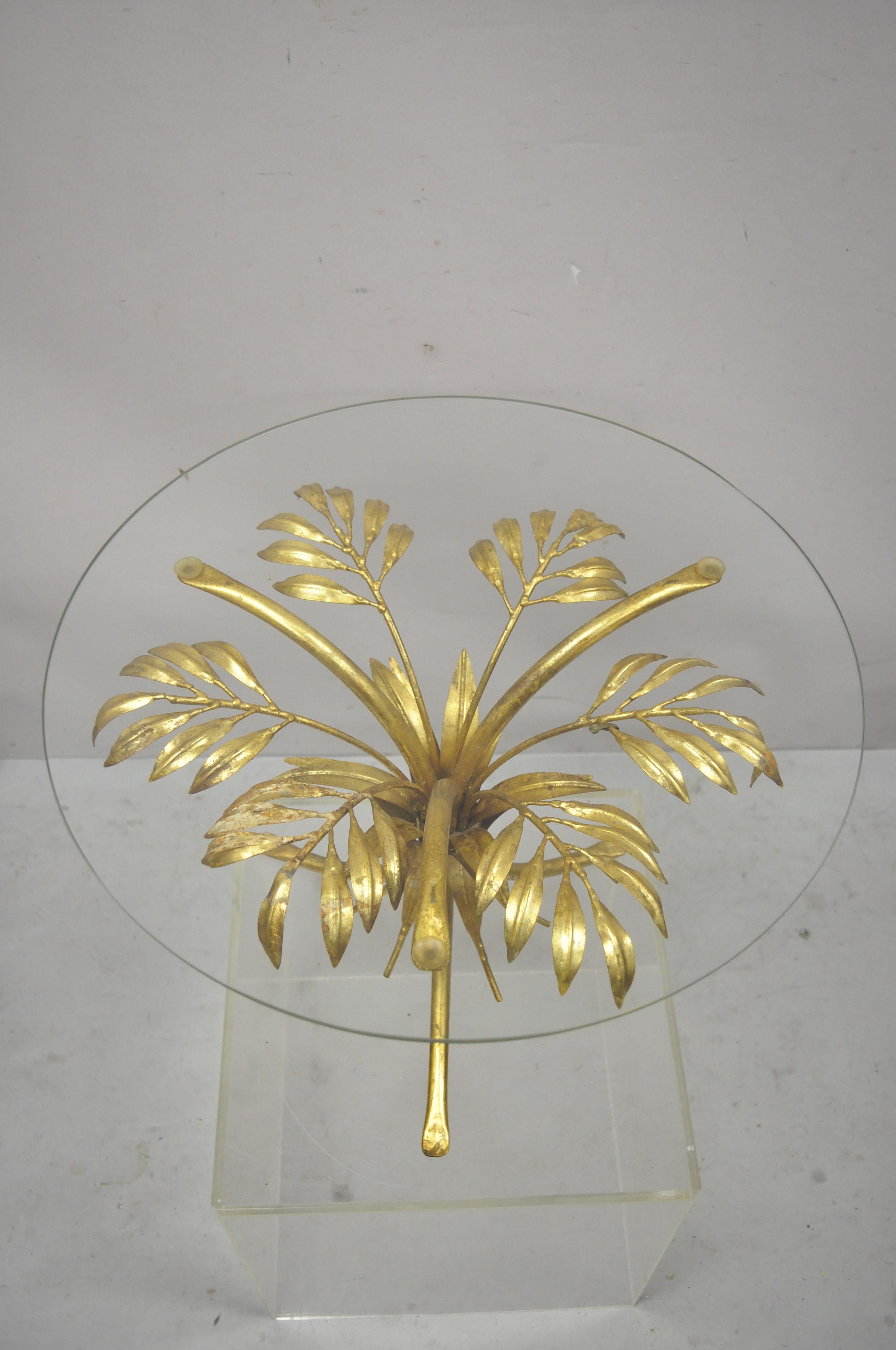 20th Century Vintage Gold Gilt Italian Hollywood Regency Palm Leaf Sheaf of Wheat Side Table For Sale