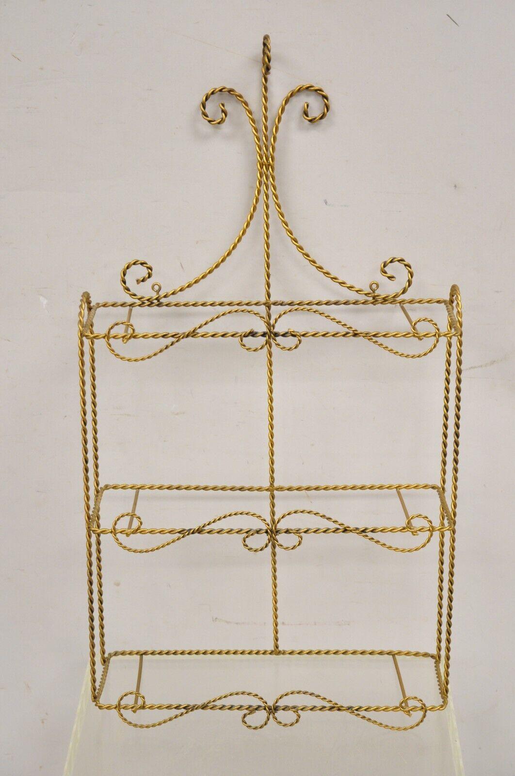 Vintage Gold Gilt Metal Hollywood Regency Scrolling Iron 3 Tier Small Wall Shelf For Sale 6