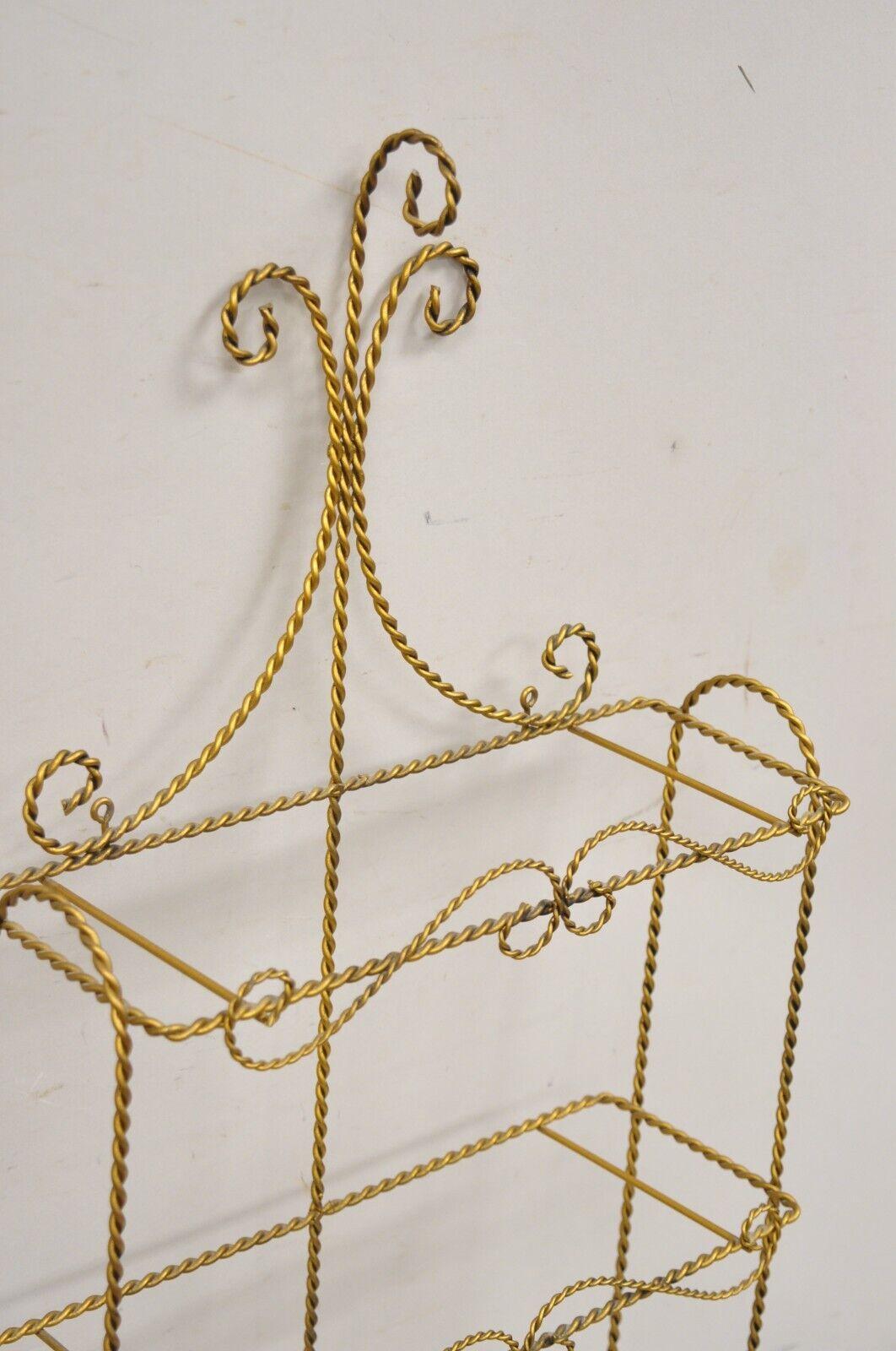 Vintage Gold Gilt Metal Hollywood Regency Scrolling Iron 3 Tier Small Wall Shelf In Good Condition For Sale In Philadelphia, PA