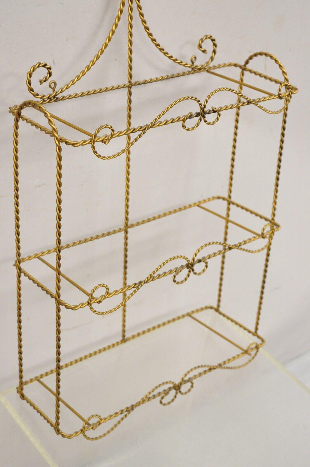 20th Century Vintage Gold Gilt Metal Hollywood Regency Scrolling Iron 3 Tier Small Wall Shelf For Sale