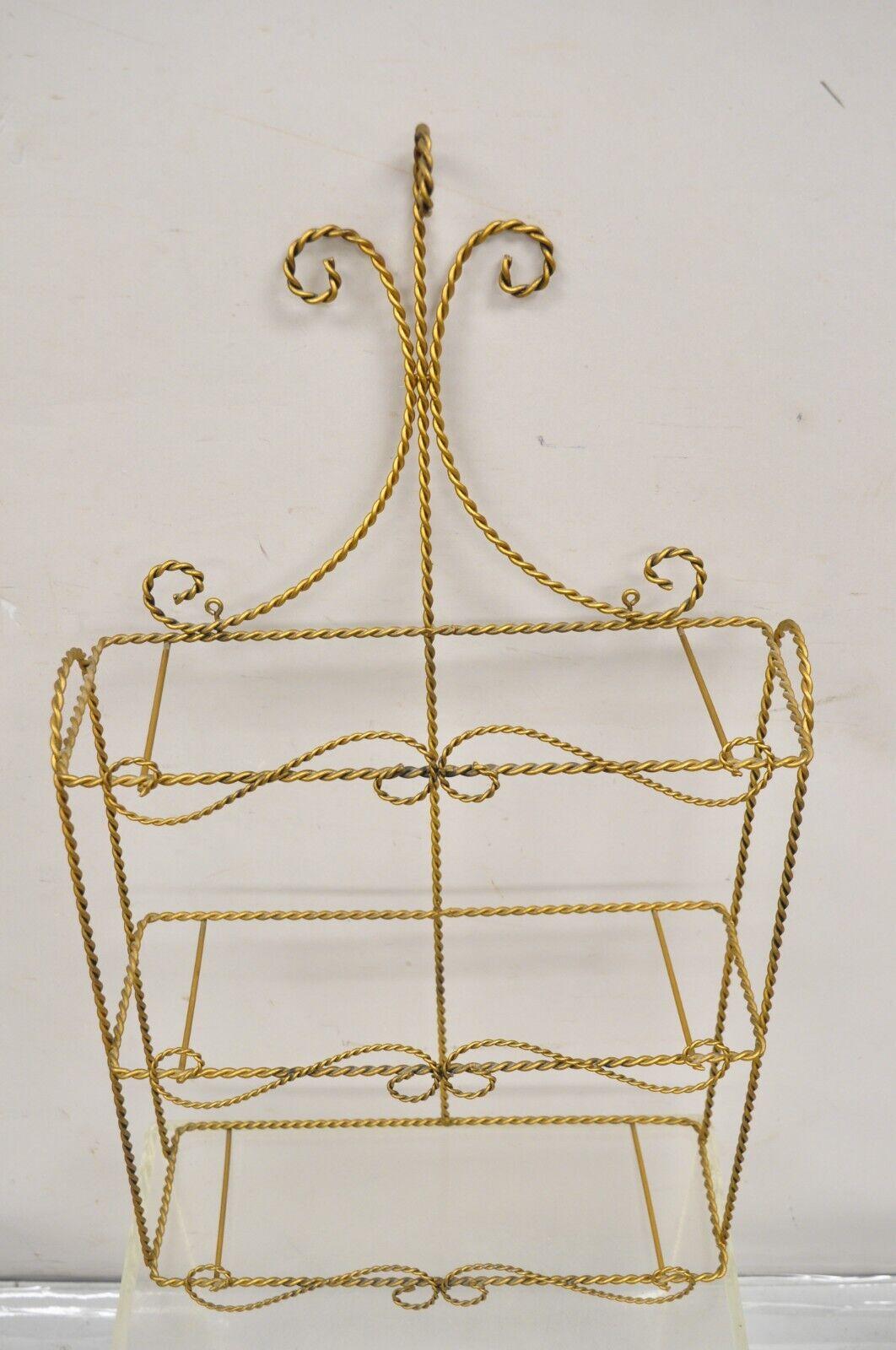 Vintage Gold Gilt Metal Hollywood Regency Scrolling Iron 3 Tier Small Wall Shelf For Sale 1