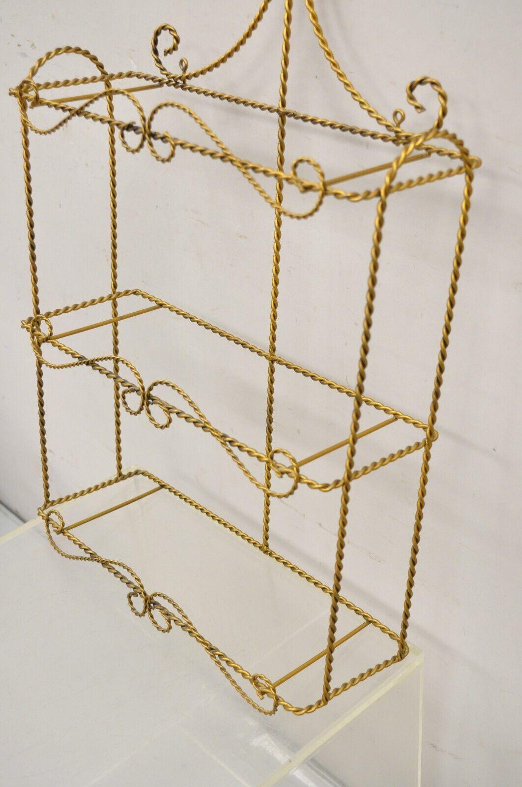 Vintage Gold Gilt Metal Hollywood Regency Scrolling Iron 3 Tier Small Wall Shelf For Sale 2