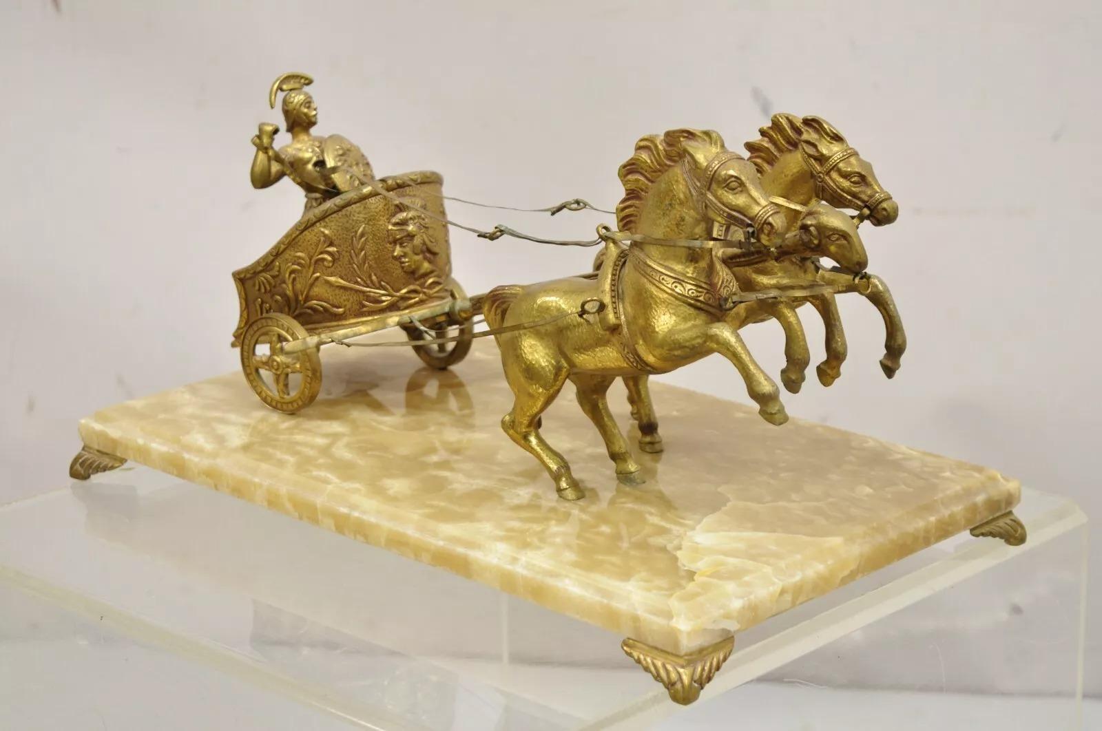 Vintage Gold Gilt Metal Roman Horse Drawn Chariot Sculpture on Marble Base For Sale 7