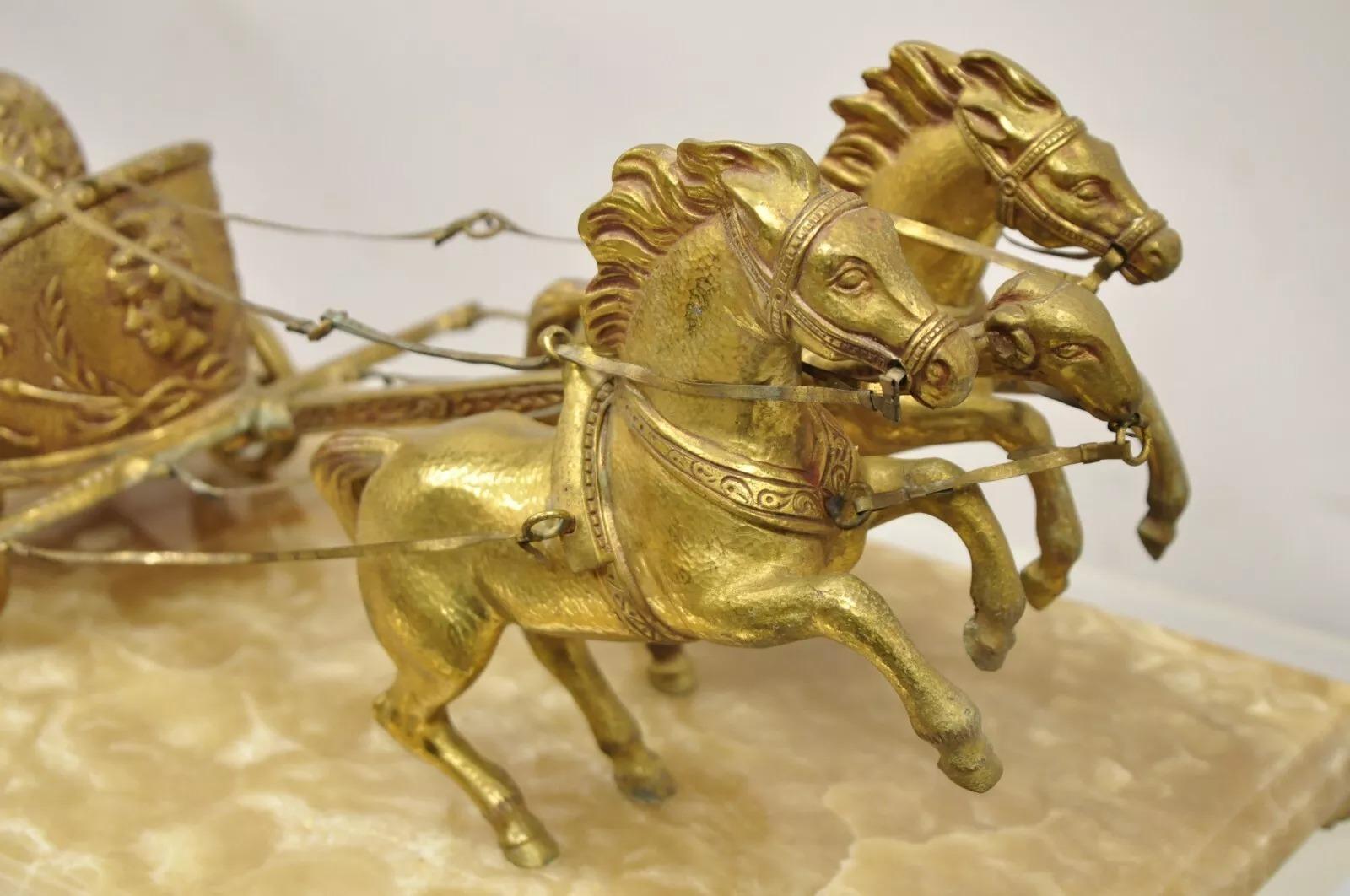 Other Vintage Gold Gilt Metal Roman Horse Drawn Chariot Sculpture on Marble Base For Sale