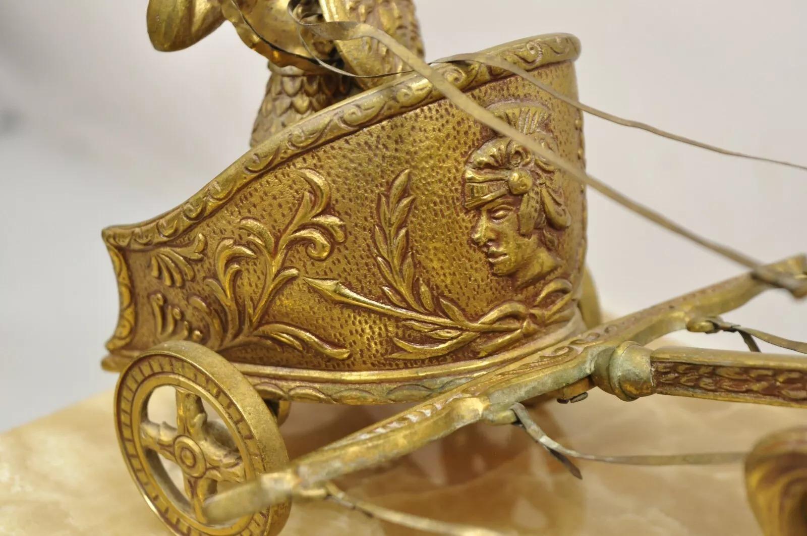 20th Century Vintage Gold Gilt Metal Roman Horse Drawn Chariot Sculpture on Marble Base For Sale