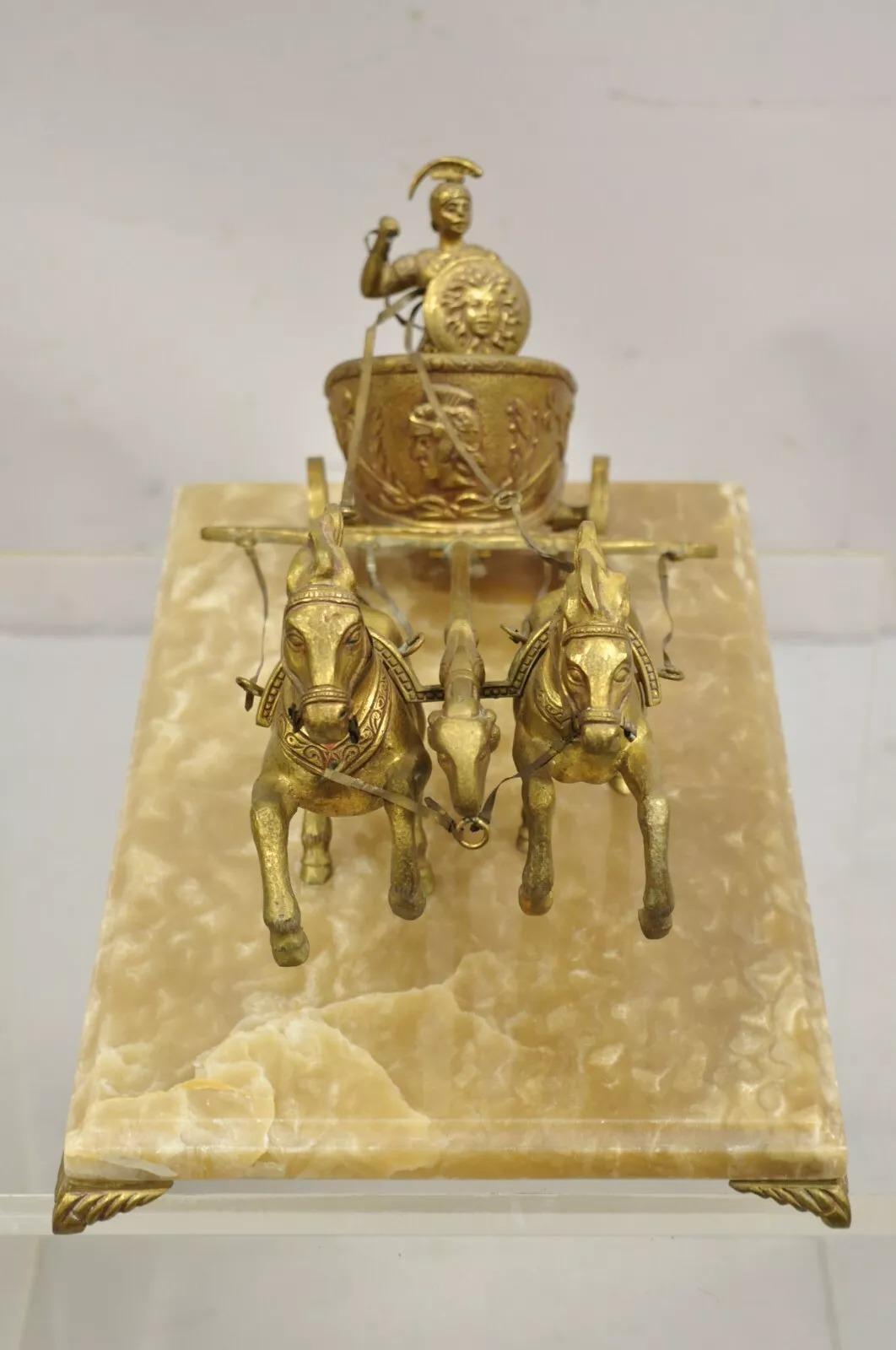 Vintage Gold Gilt Metal Roman Horse Drawn Chariot Sculpture on Marble Base For Sale 2