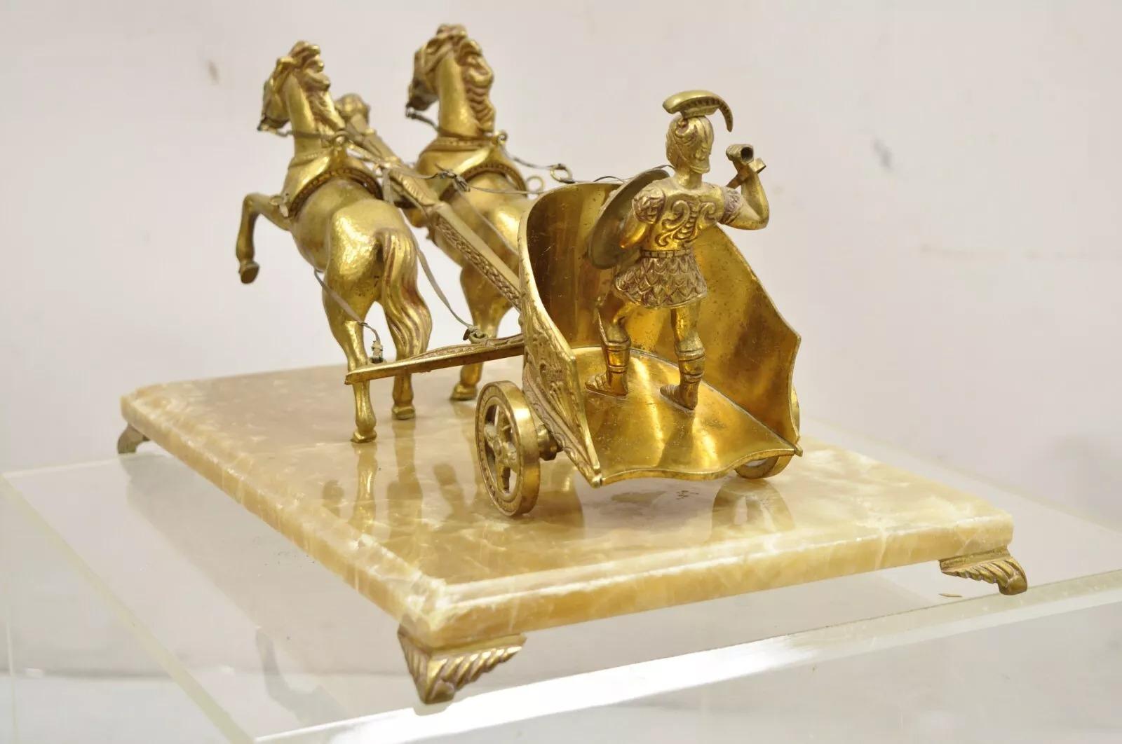Vintage Gold Gilt Metal Roman Horse Drawn Chariot Sculpture on Marble Base For Sale 3