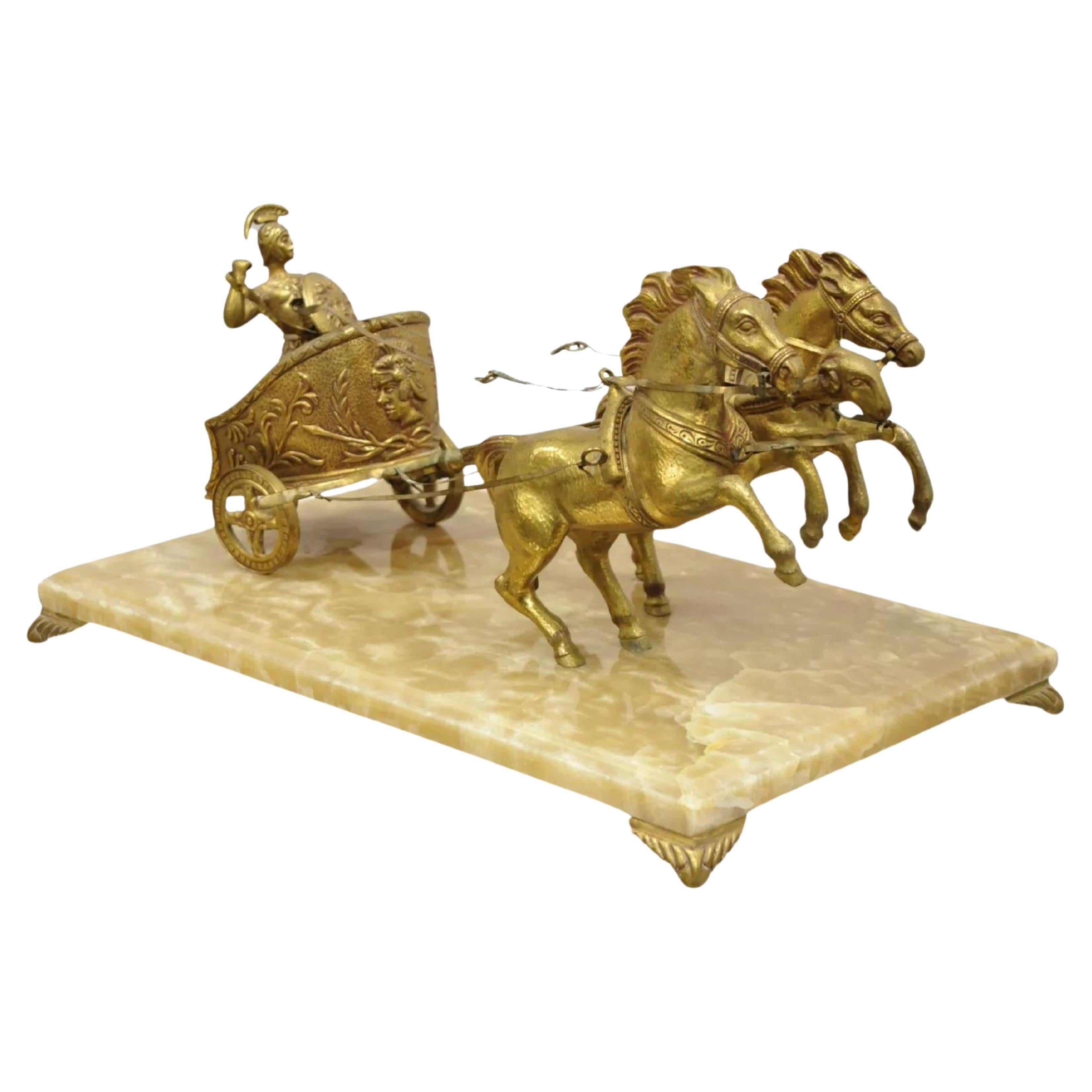 Vintage Gold Gilt Metal Roman Horse Drawn Chariot Sculpture on Marble Base