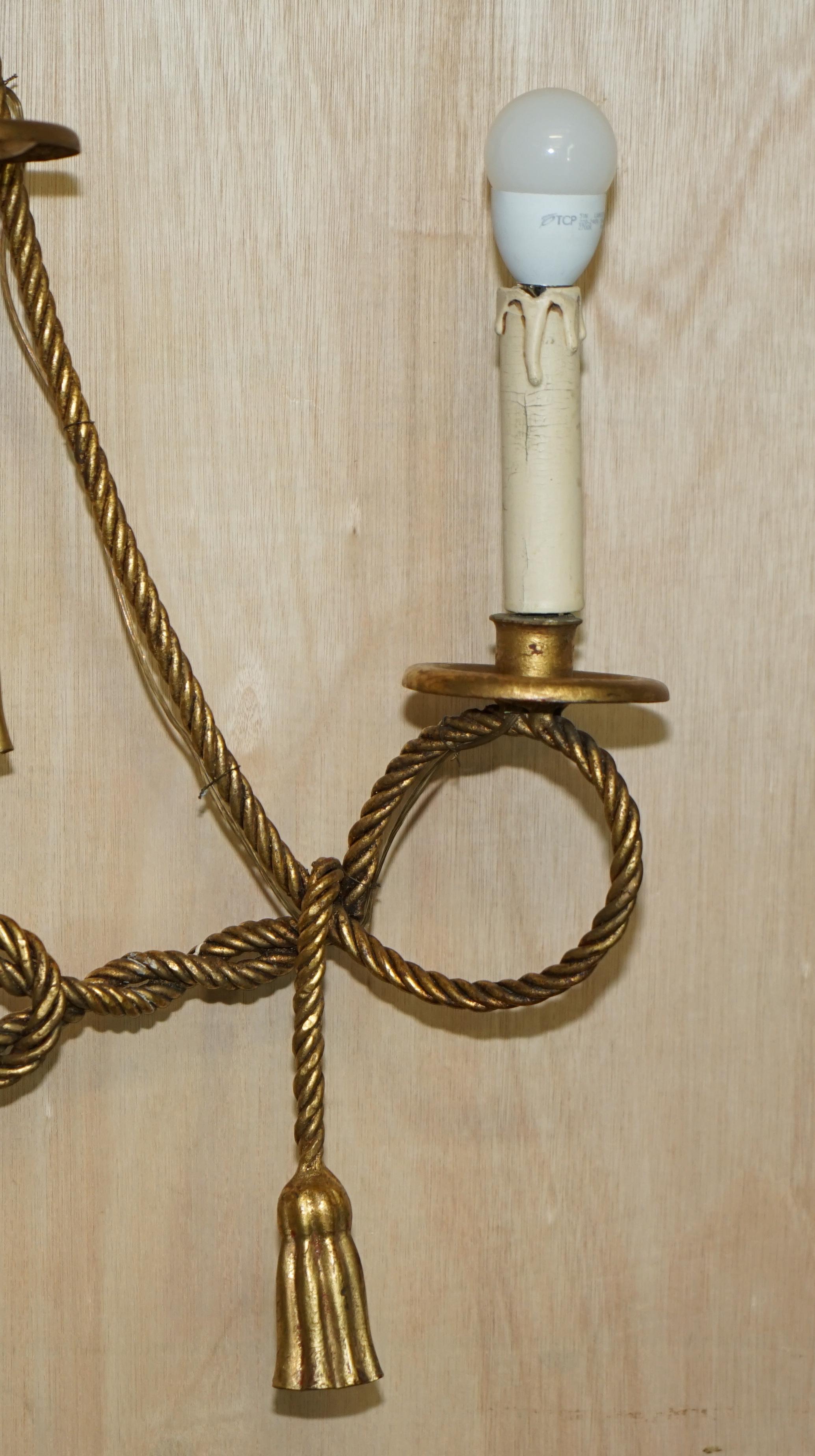 Vintage Gold Gilt Rope Twist & Tassle Three Branch Wall Light with Candle Mounts For Sale 9