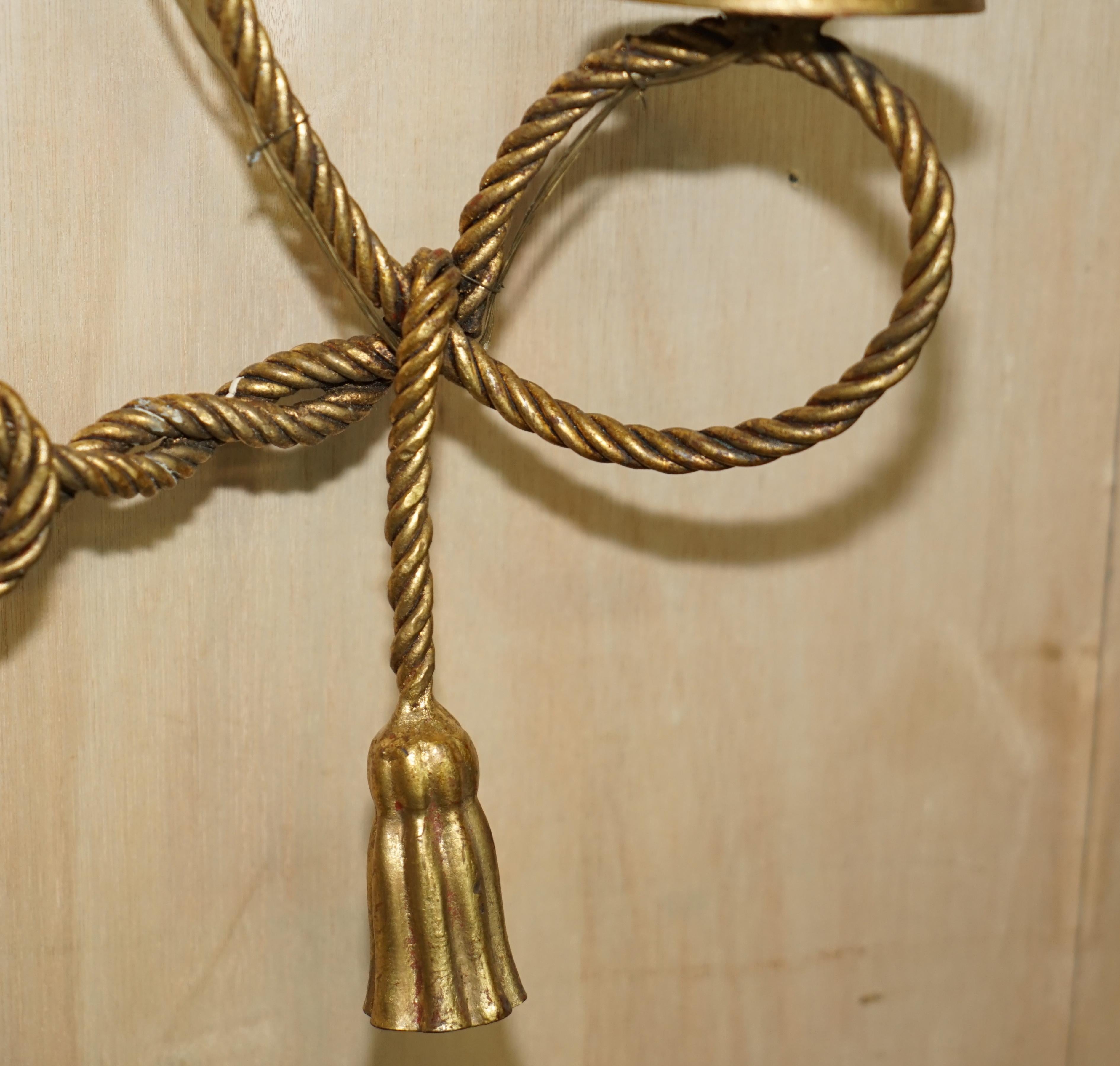 Vintage Gold Gilt Rope Twist & Tassle Three Branch Wall Light with Candle Mounts For Sale 11