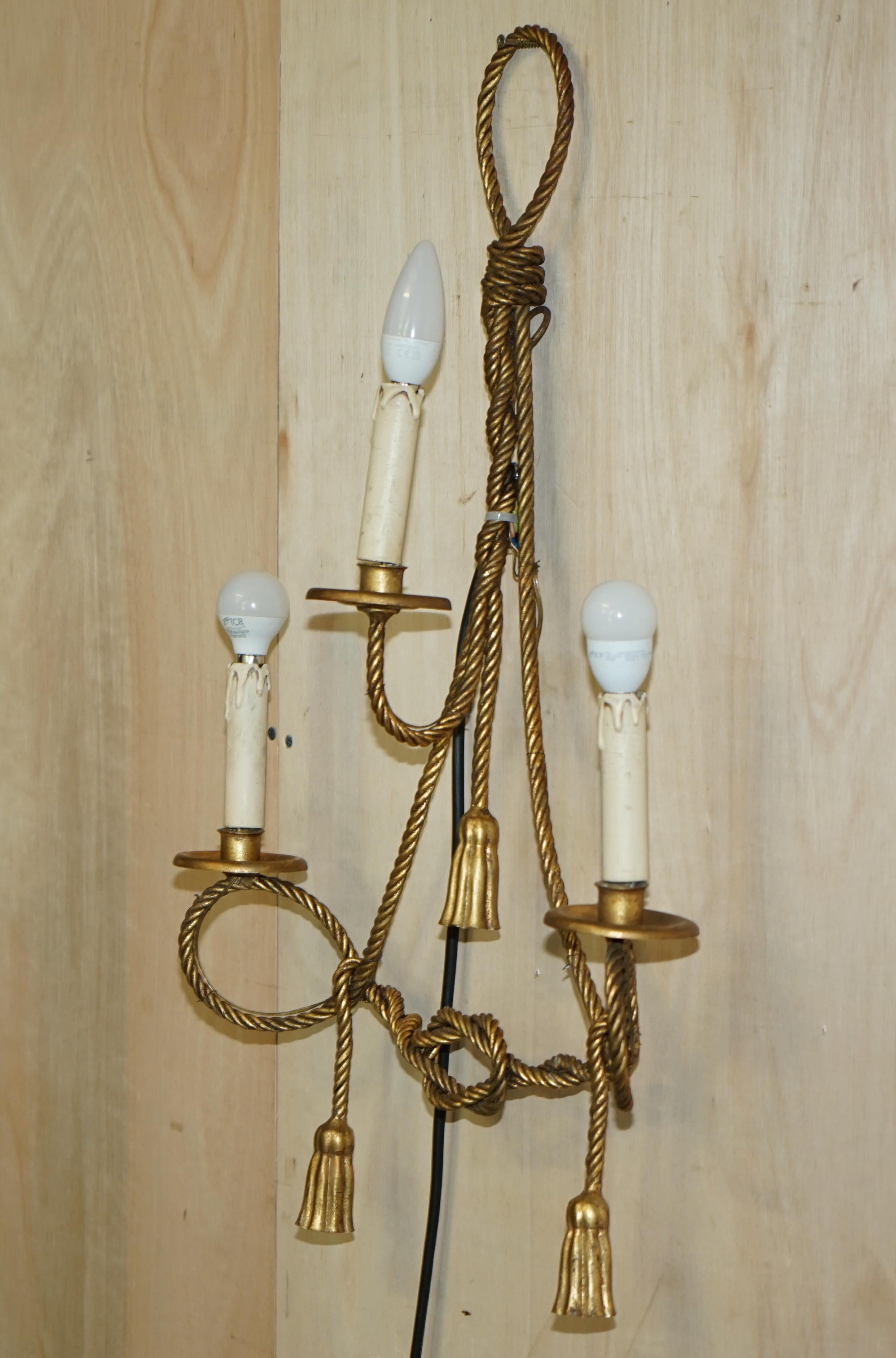 Vintage Gold Gilt Rope Twist & Tassle Three Branch Wall Light with Candle Mounts For Sale 13