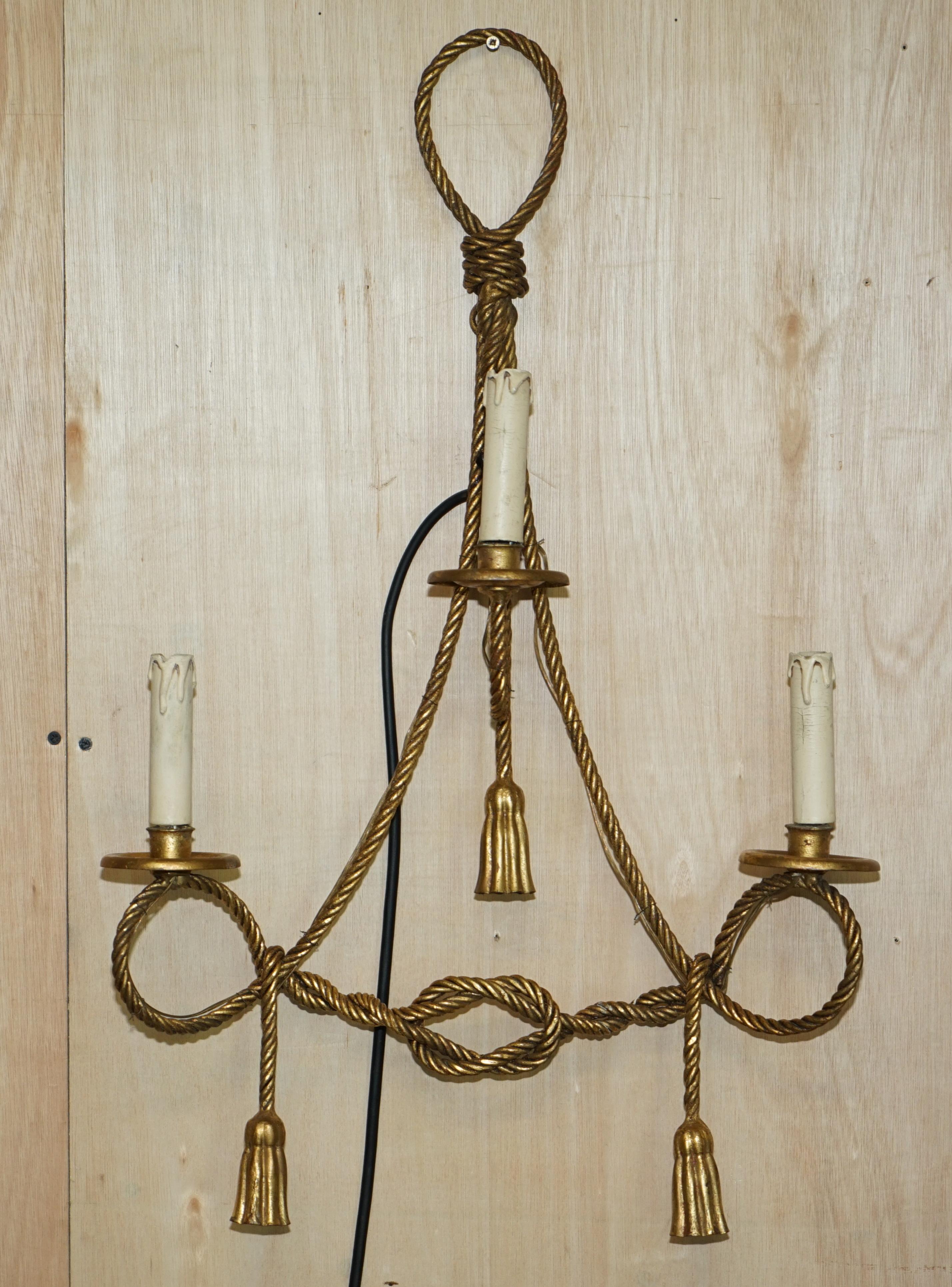 Vintage Gold Gilt Rope Twist & Tassle Three Branch Wall Light with Candle Mounts For Sale 14