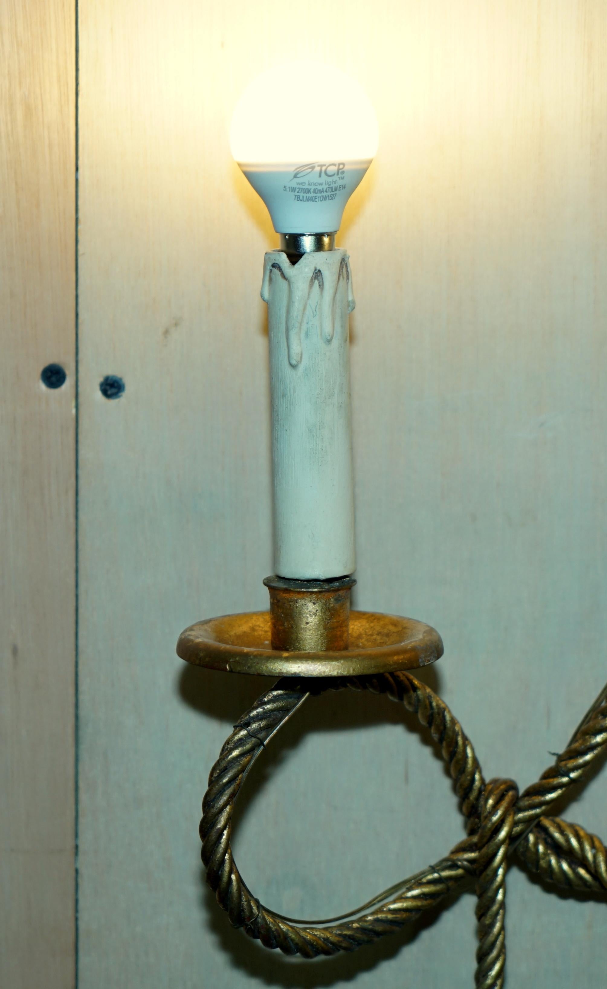 Georgian Vintage Gold Gilt Rope Twist & Tassle Three Branch Wall Light with Candle Mounts For Sale