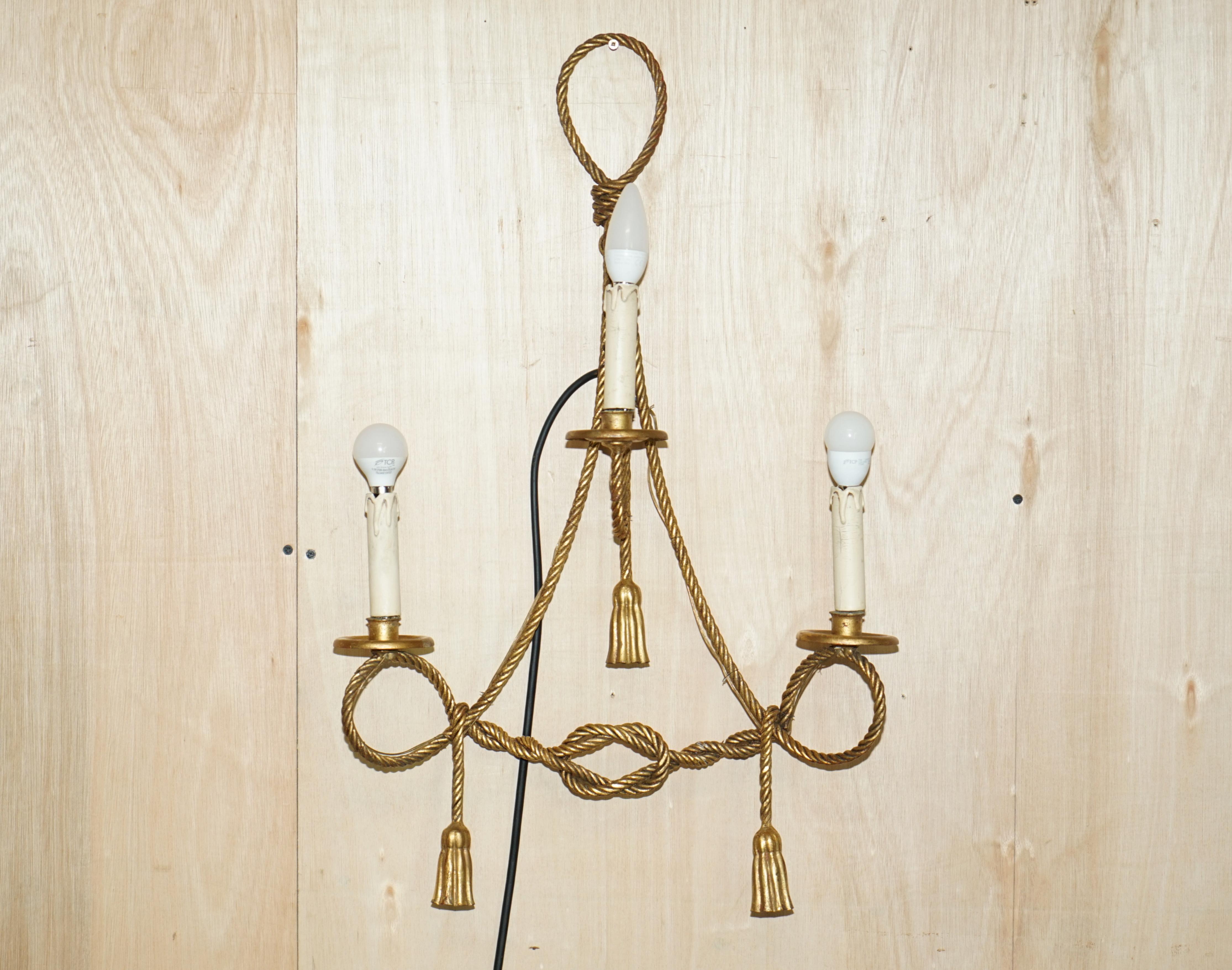 Mid-20th Century Vintage Gold Gilt Rope Twist & Tassle Three Branch Wall Light with Candle Mounts For Sale