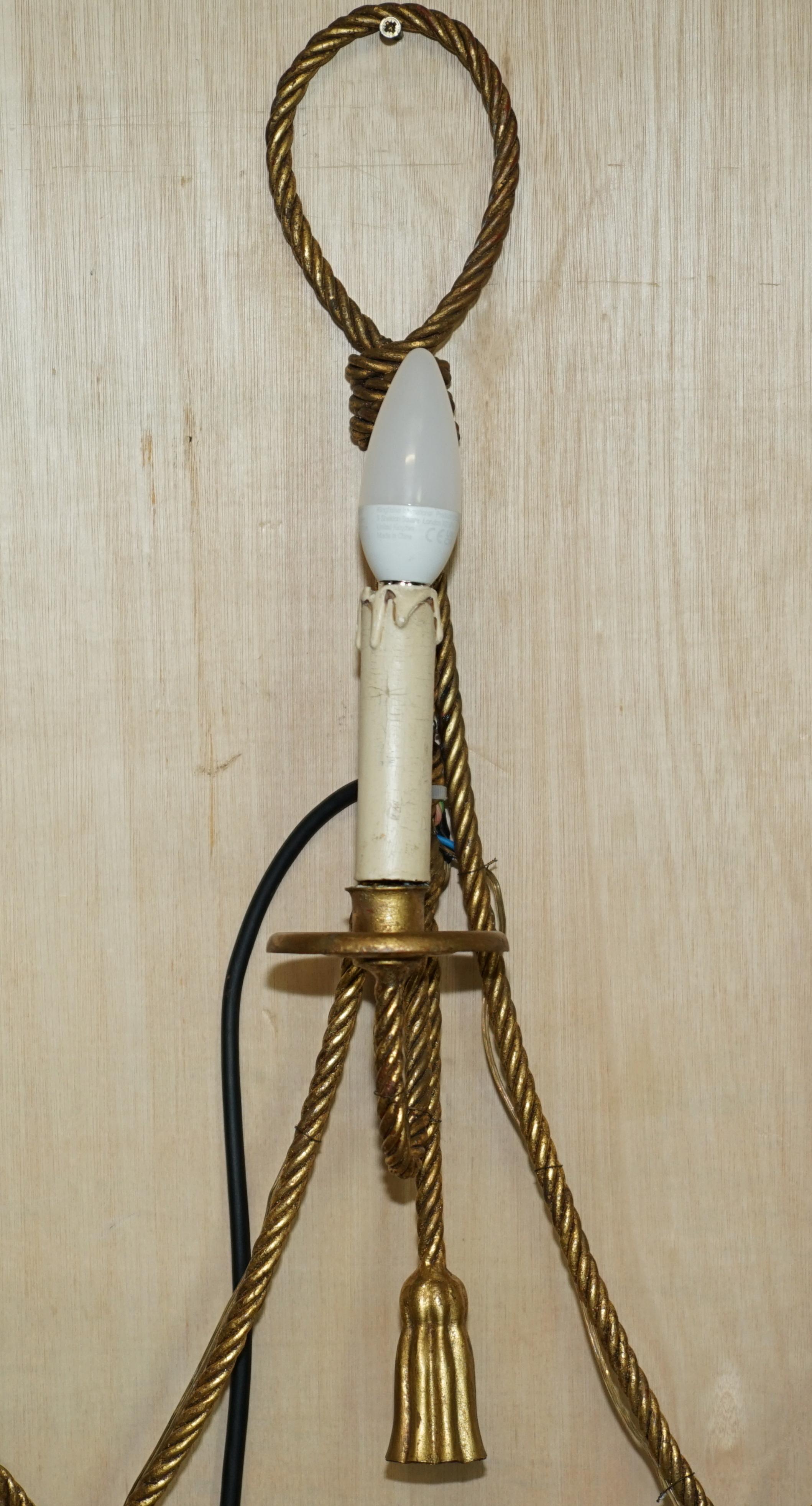 Metal Vintage Gold Gilt Rope Twist & Tassle Three Branch Wall Light with Candle Mounts For Sale