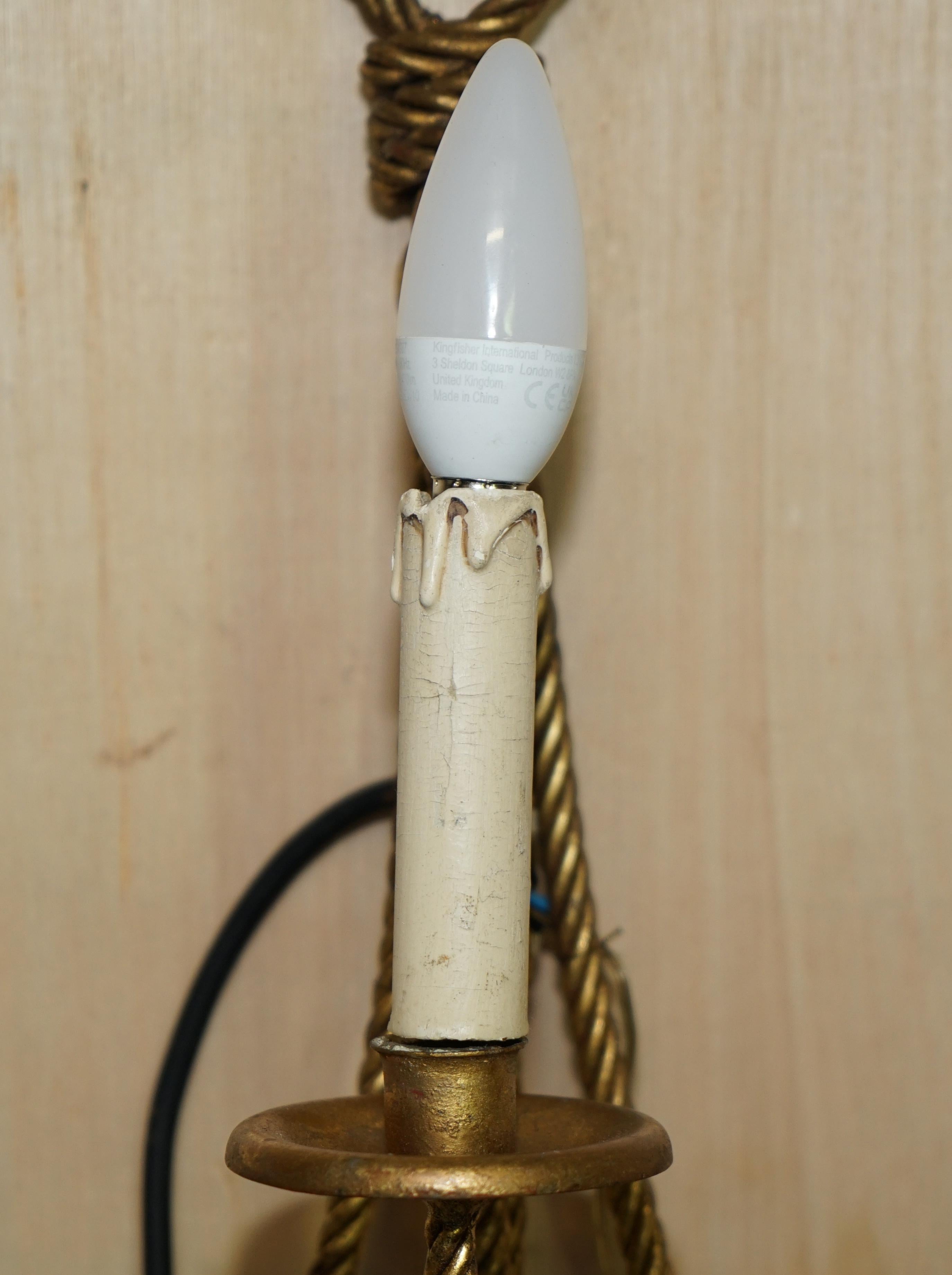 Vintage Gold Gilt Rope Twist & Tassle Three Branch Wall Light with Candle Mounts For Sale 2