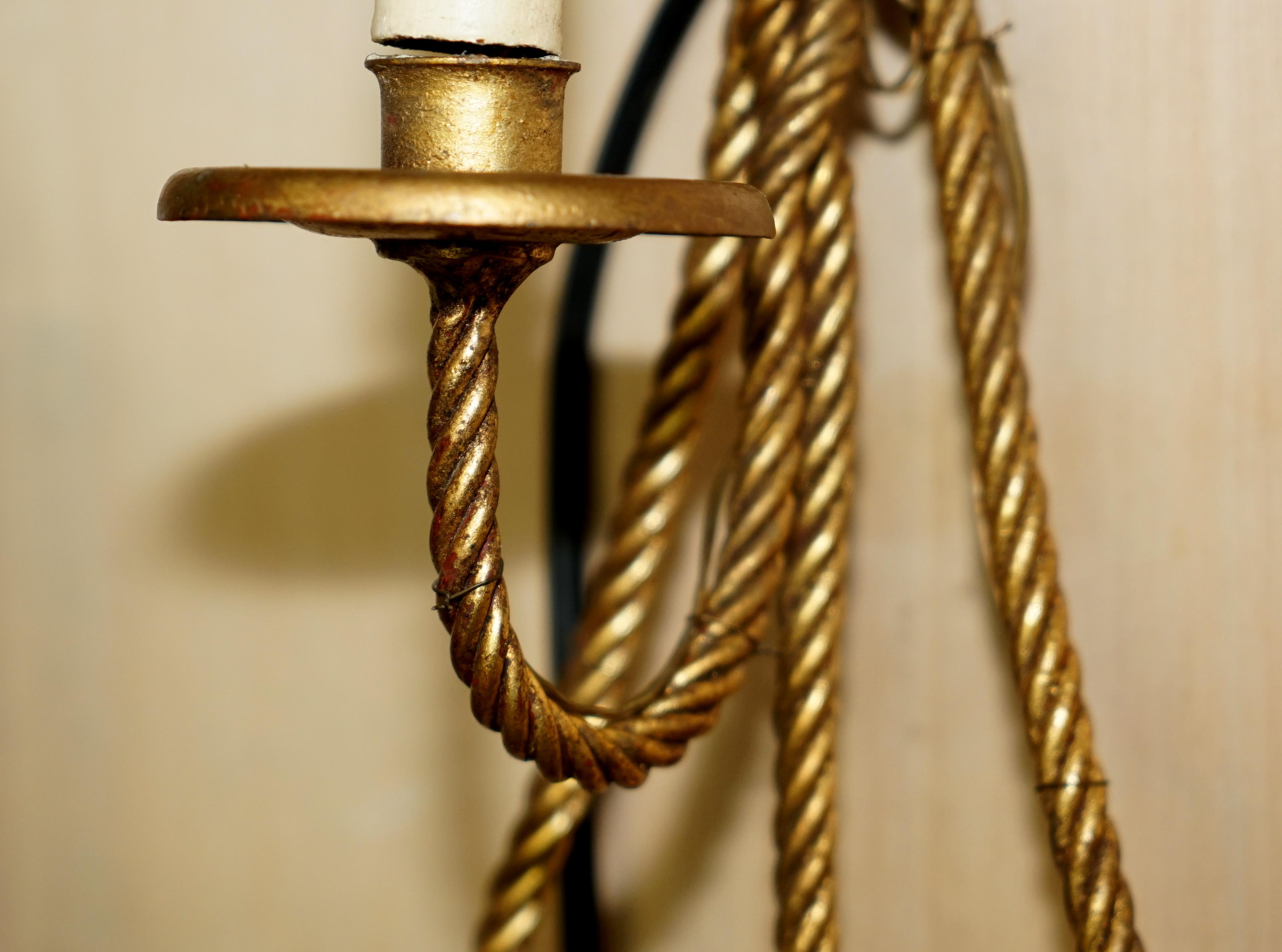 Vintage Gold Gilt Rope Twist & Tassle Three Branch Wall Light with Candle Mounts For Sale 3