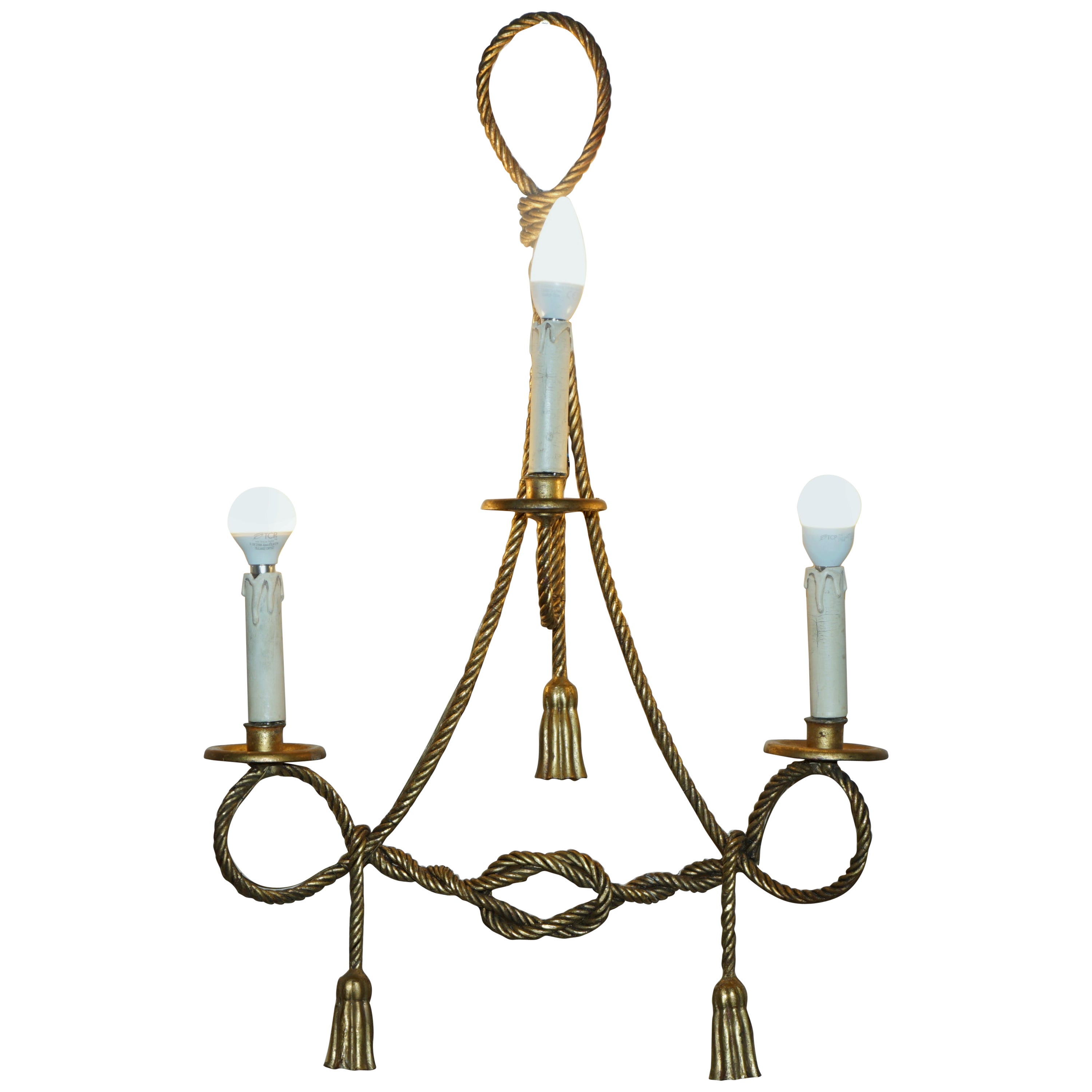 Aplique de pared vintage dorado de cuerda retorcida y borla de tres brazos con soportes para velas