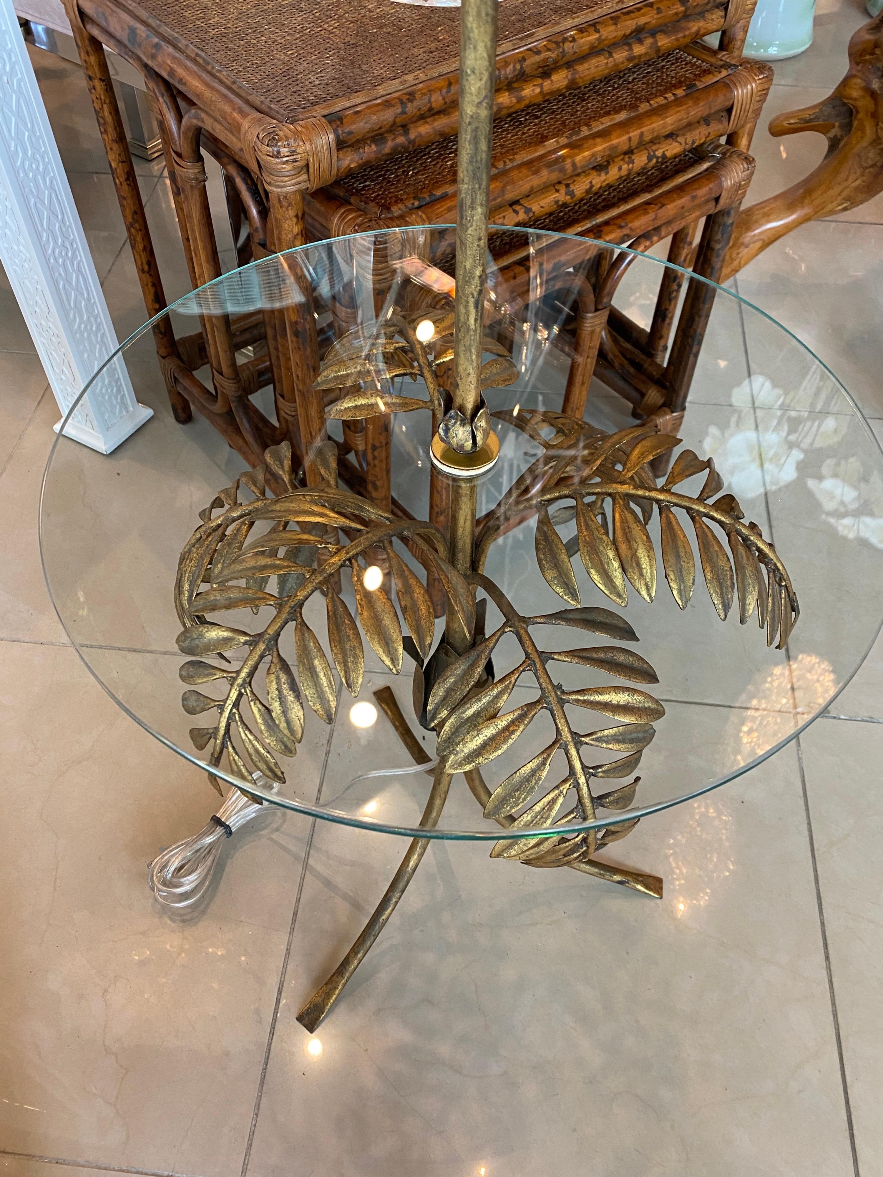 Vintage Gold Gilt Tole Italian Palm Tree Frond Floor Lamp Table 4