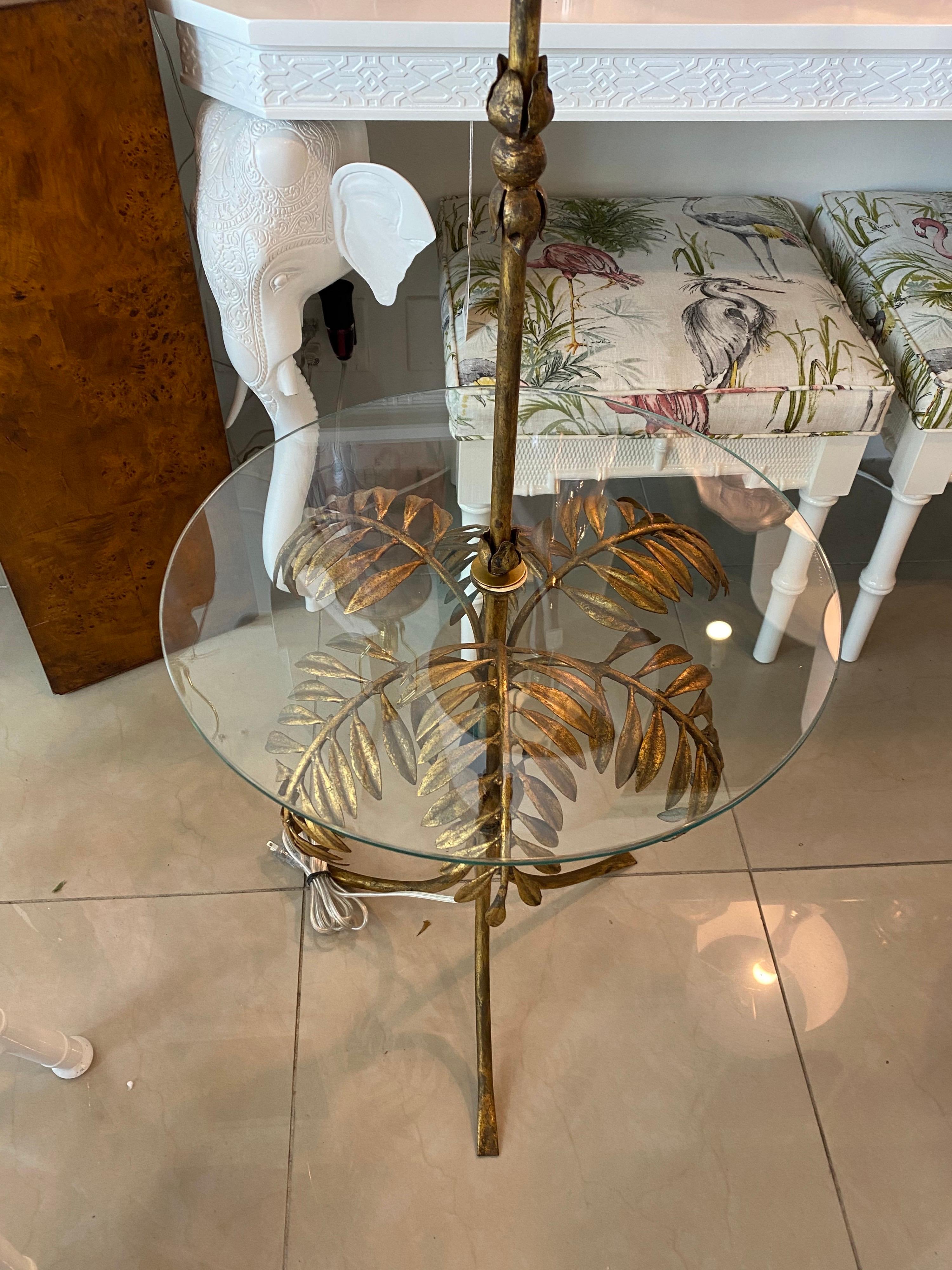 Vintage Gold Gilt Tole Italian Palm Tree Frond Floor Lamp Table 6