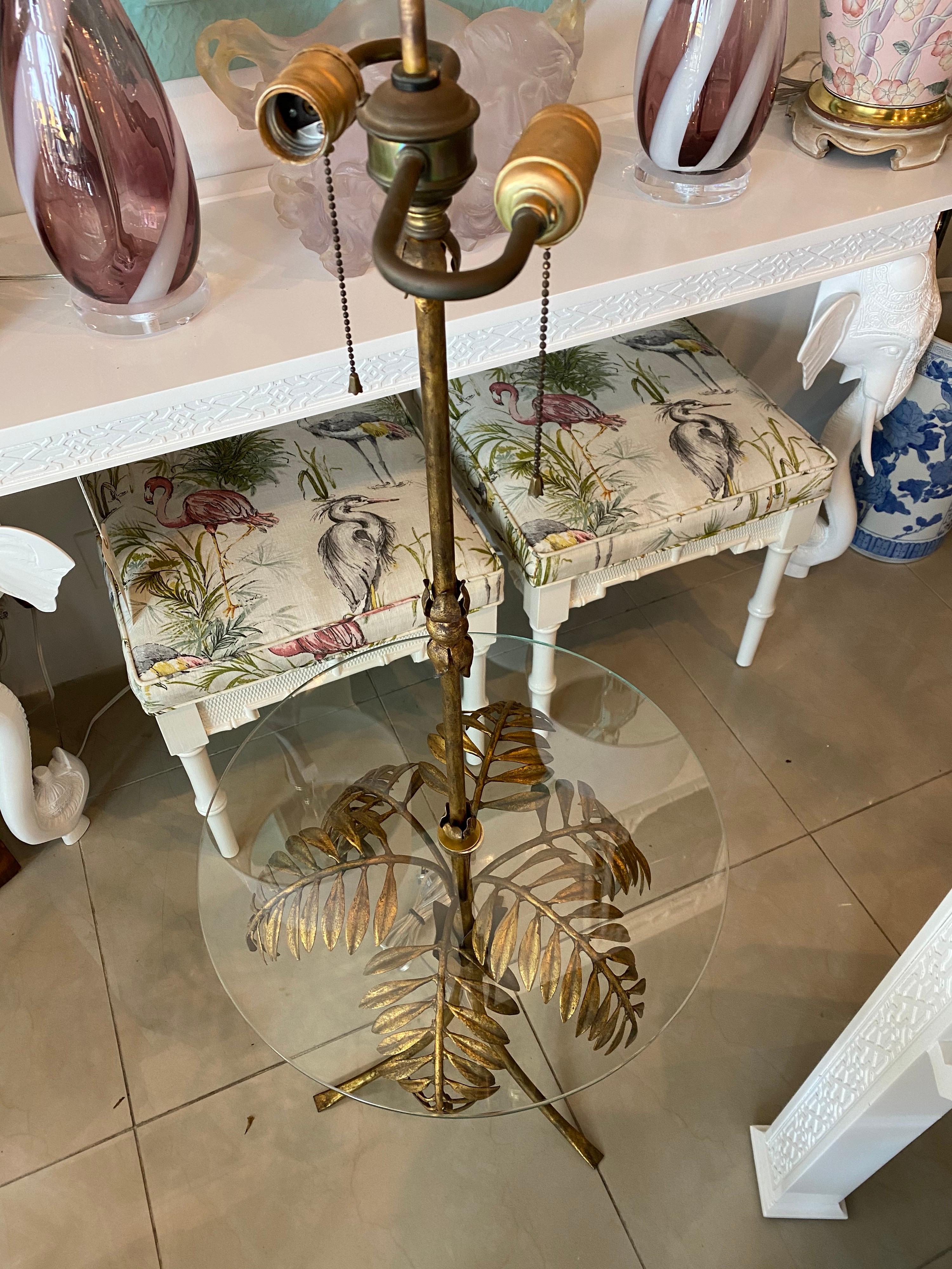Vintage Gold Gilt Tole Italian Palm Tree Frond Floor Lamp Table 7