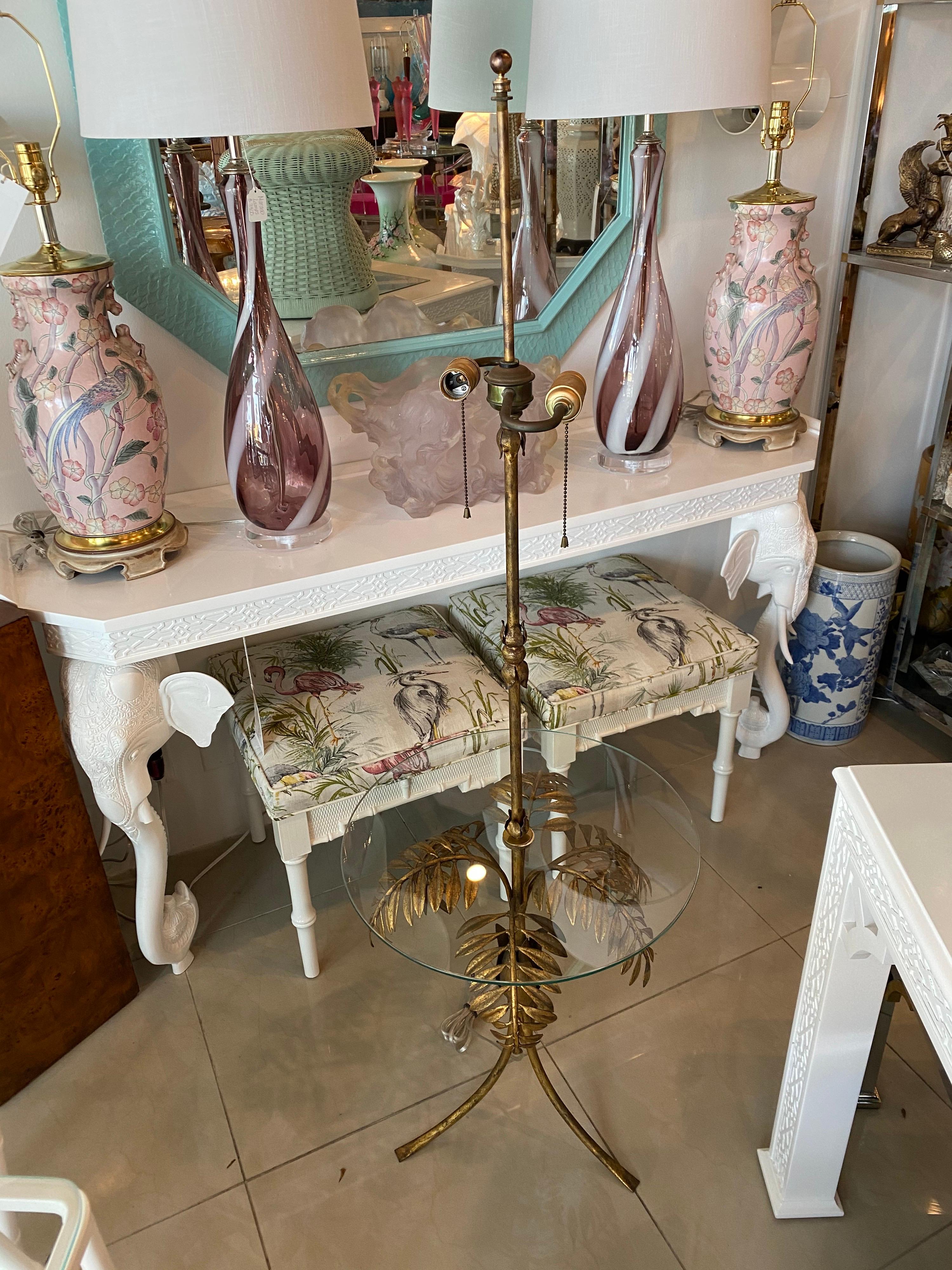 Vintage Gold Gilt Tole Italian Palm Tree Frond Floor Lamp Table 8