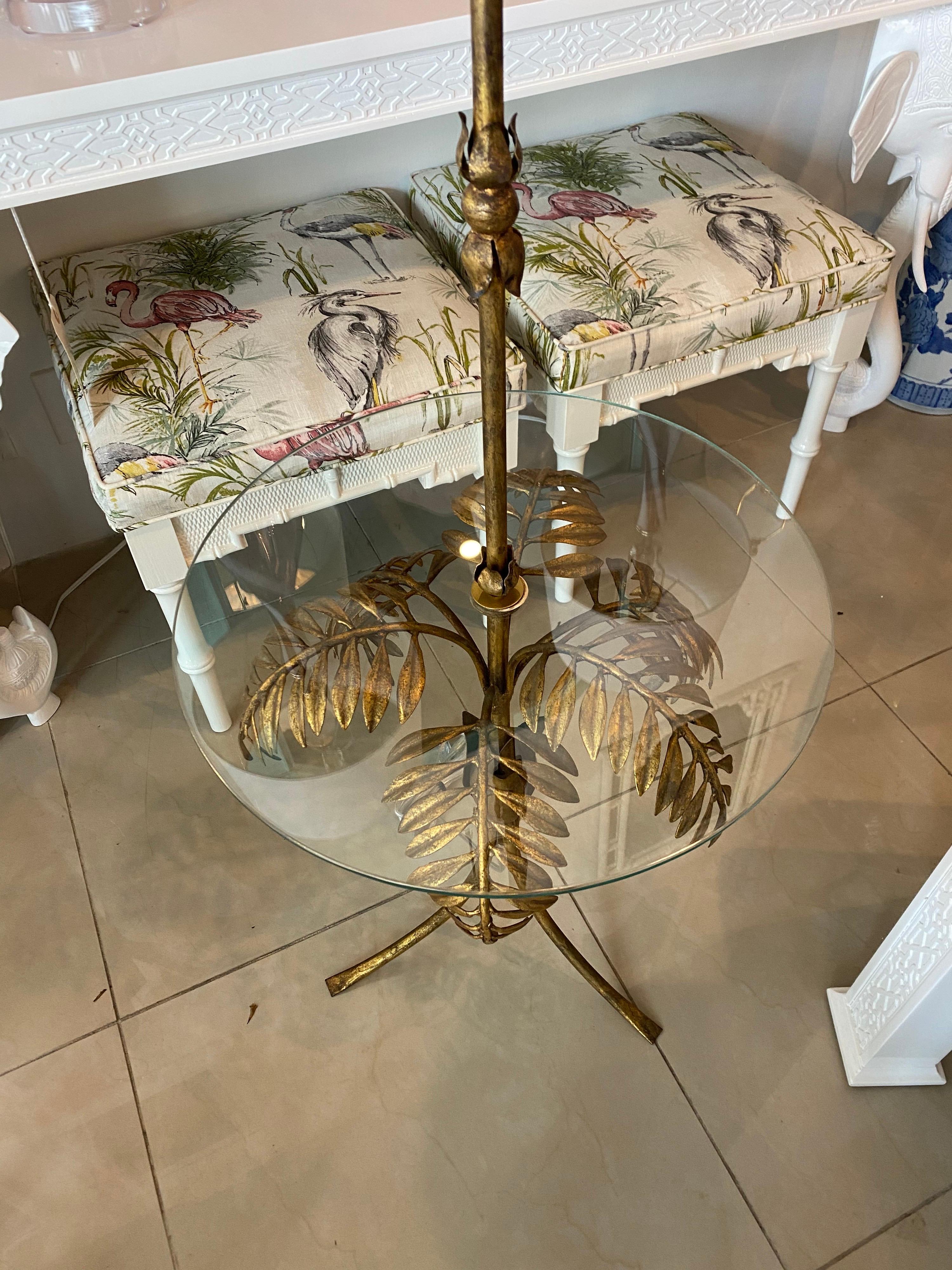 Vintage Gold Gilt Tole Italian Palm Tree Frond Floor Lamp Table 9