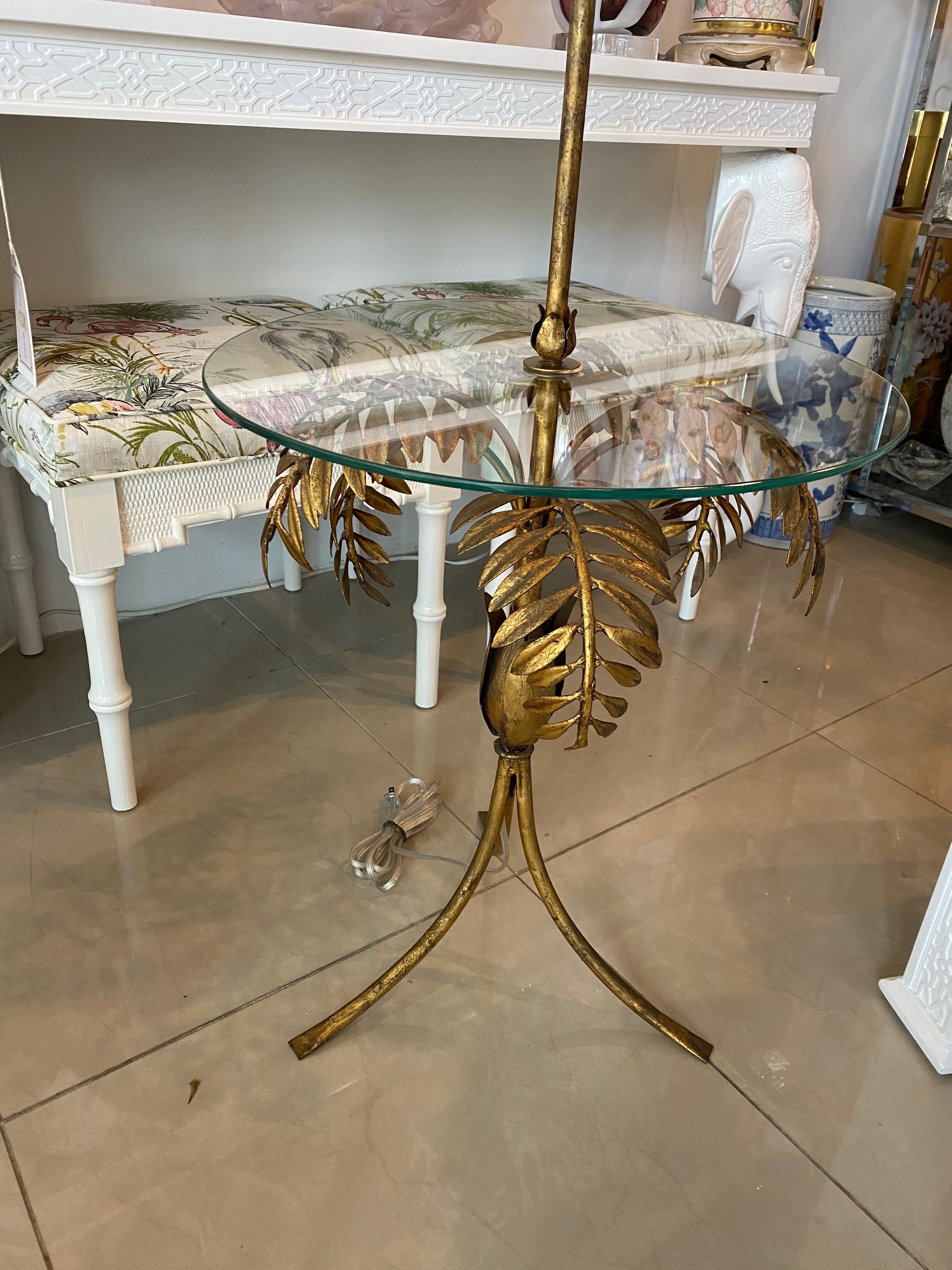 Vintage Gold Gilt Tole Italian Palm Tree Frond Floor Lamp Table 10