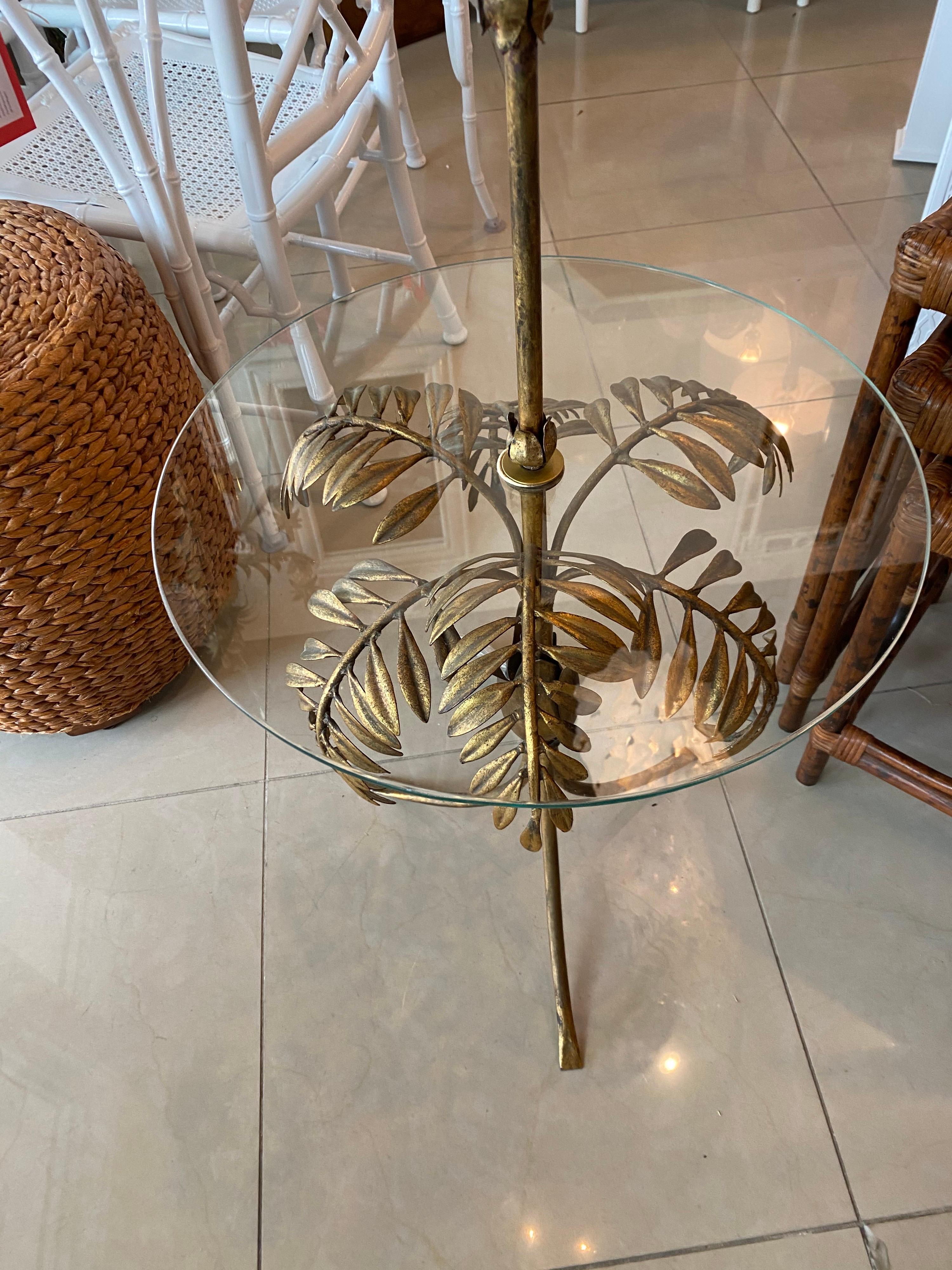 Lovely vintage gold gilt Italian tile metal palm tree frond leaves leaf floor table lamp. Newly wired. New glass was cut for the table portion.