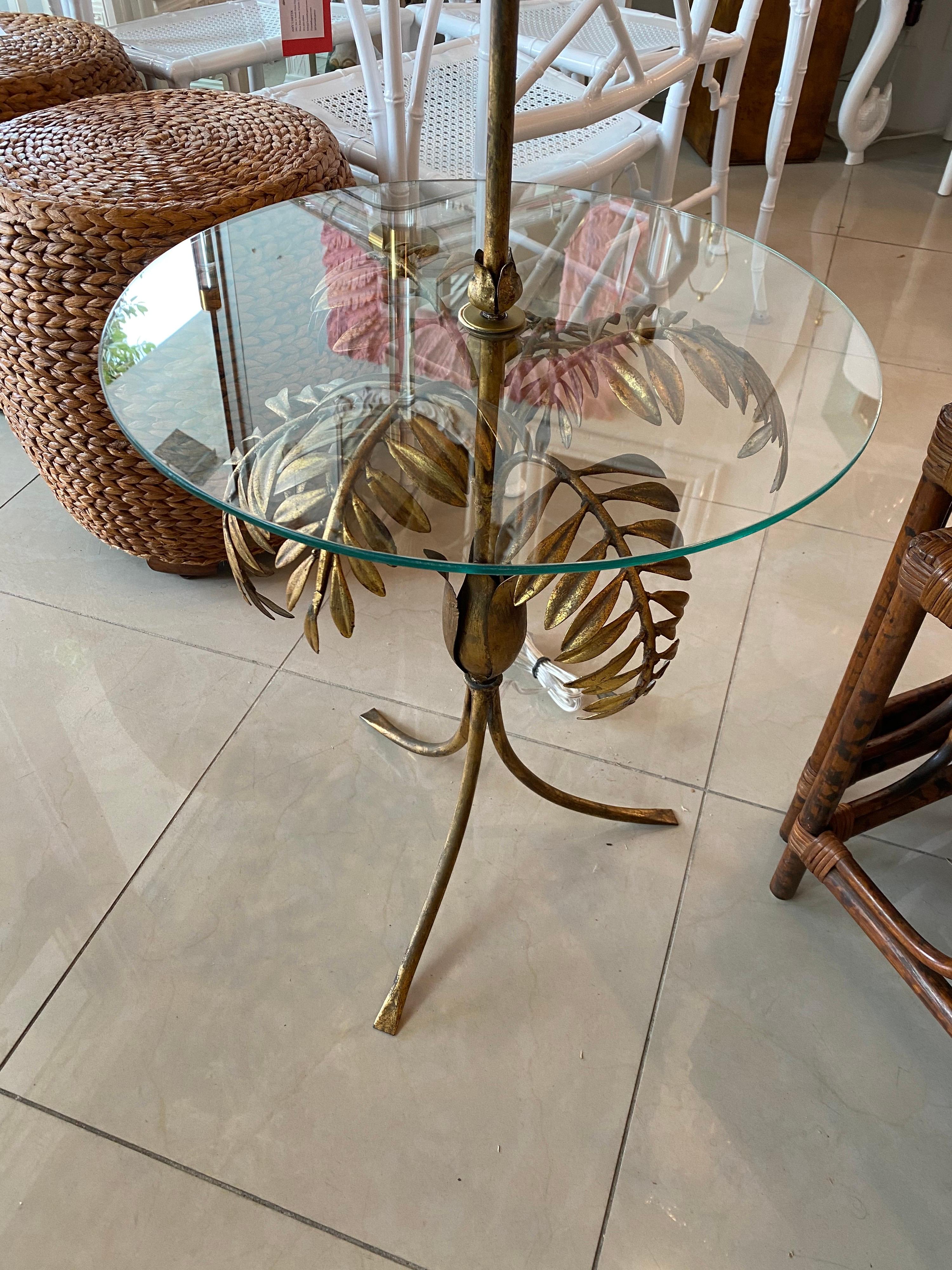 Hollywood Regency Vintage Gold Gilt Tole Italian Palm Tree Frond Floor Lamp Table