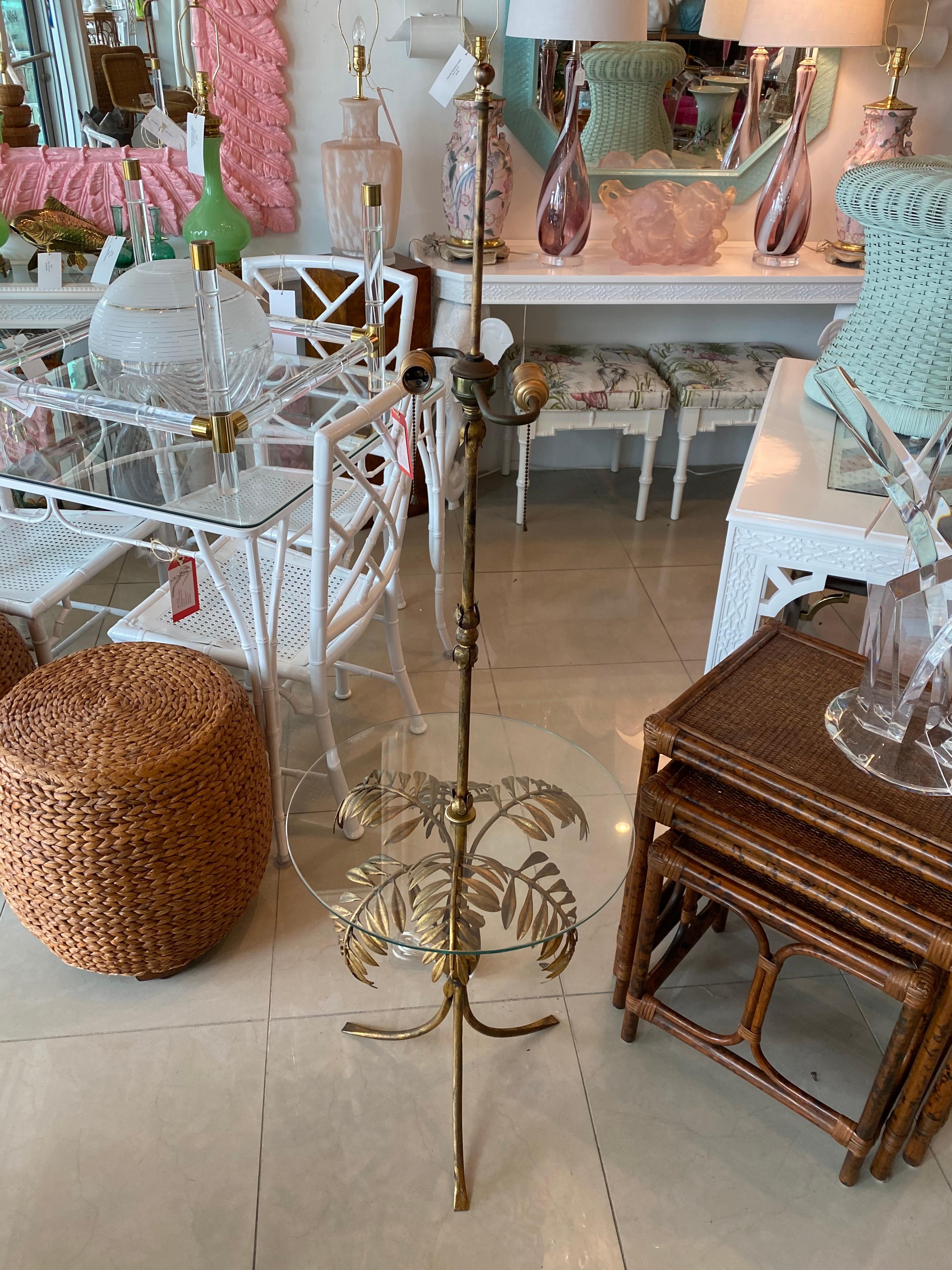 Vintage Gold Gilt Tole Italian Palm Tree Frond Floor Lamp Table 2