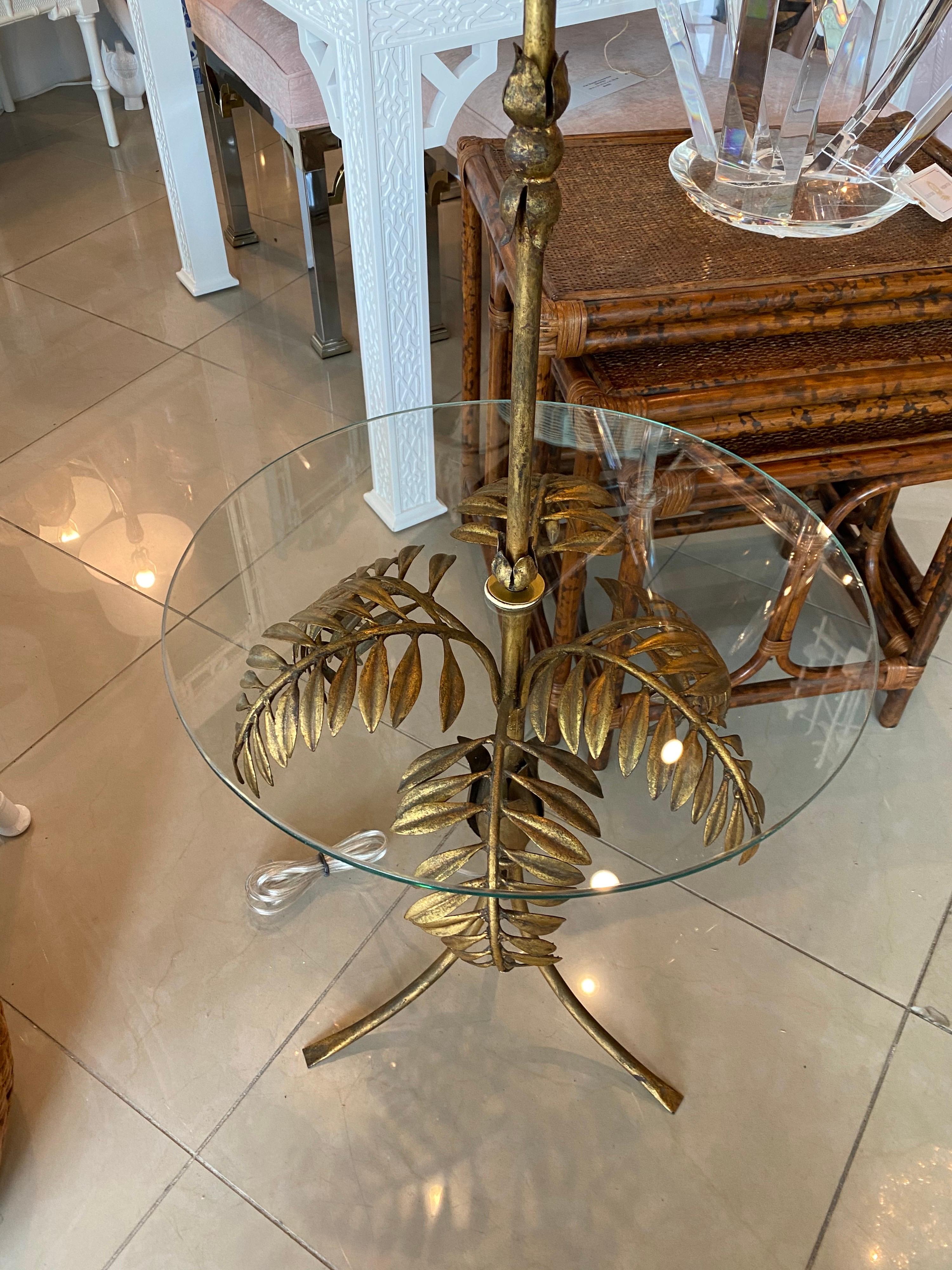 Vintage Gold Gilt Tole Italian Palm Tree Frond Floor Lamp Table 3