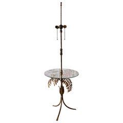 Vintage Gold Gilt Tole Italian Palm Tree Frond Floor Lamp Table