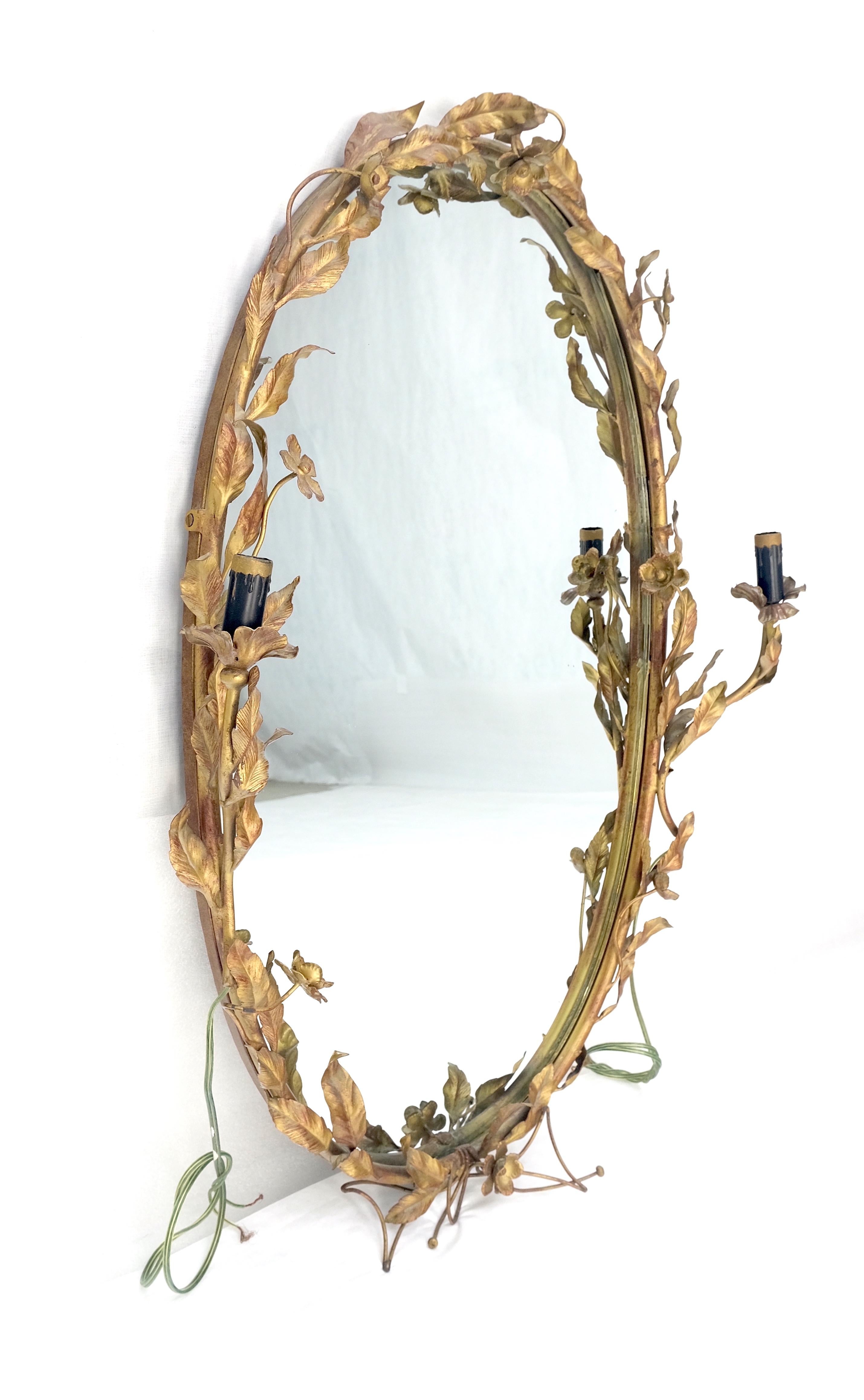 Acciaio Specchio da parete ovale dorato d'epoca in ferro battuto Candelabro c1920s in vendita