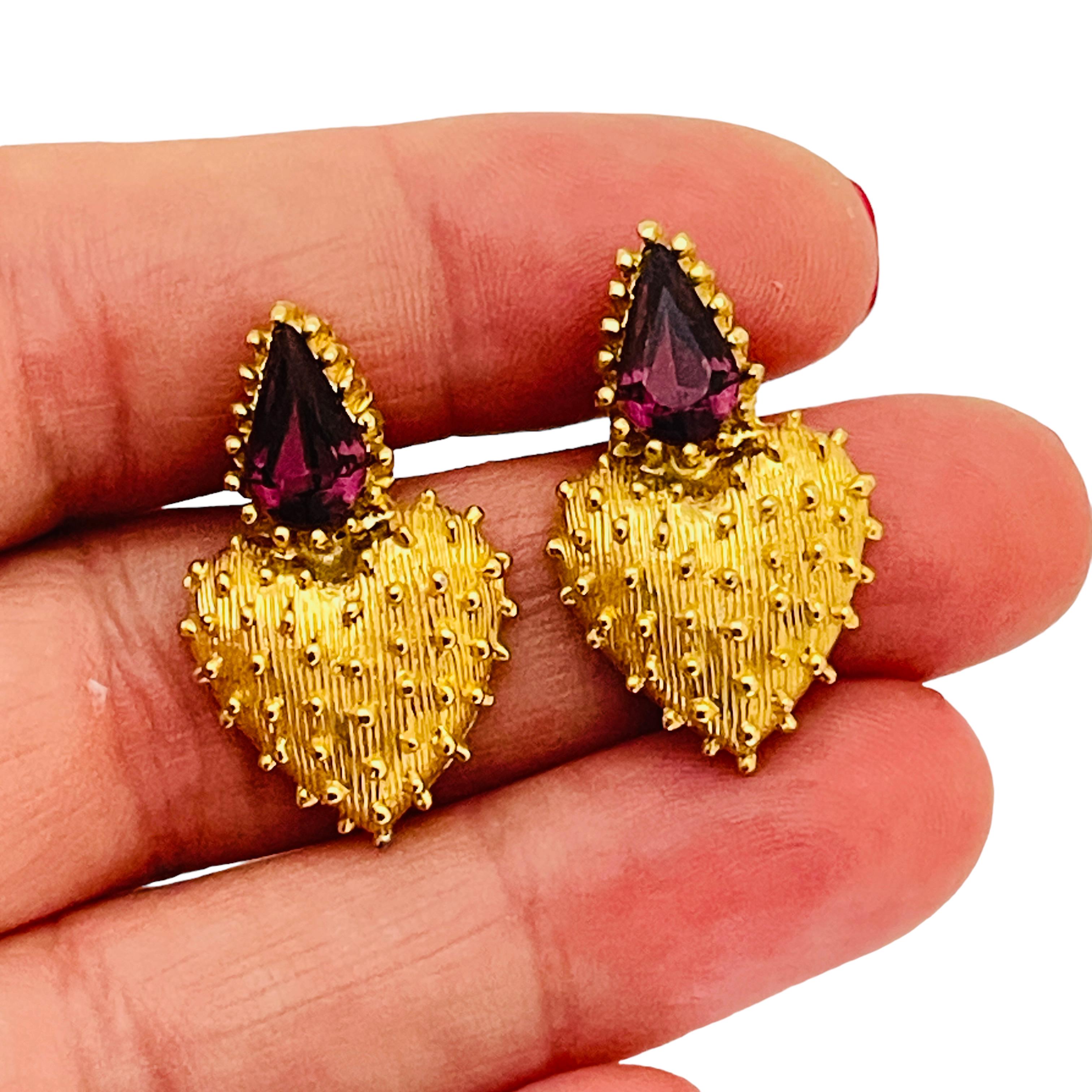 Vintage gold glass amethyst pierced 80’s earrings   In Excellent Condition For Sale In Palos Hills, IL