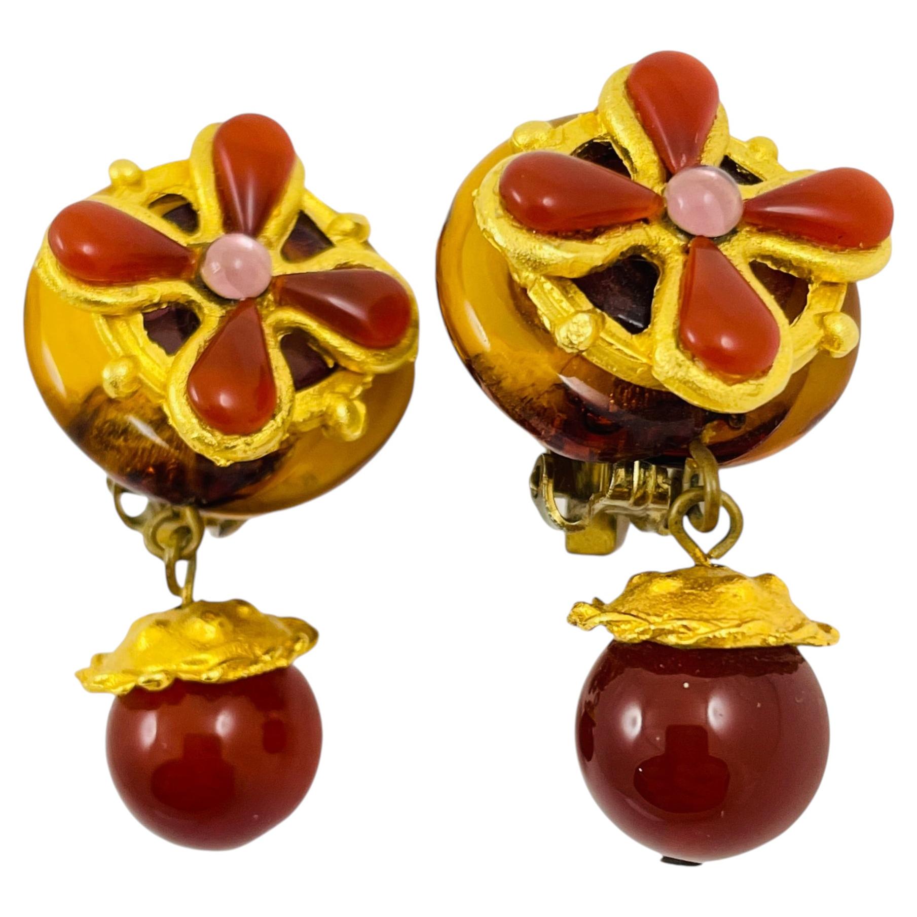 Vintage gold glass carnelian Maltese cross dangle cabochons designer runway clip For Sale