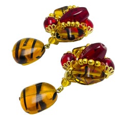 Vintage gold glass dangle designer clip on earrings