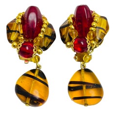 Vintage gold glass dangle designer clip on earrings