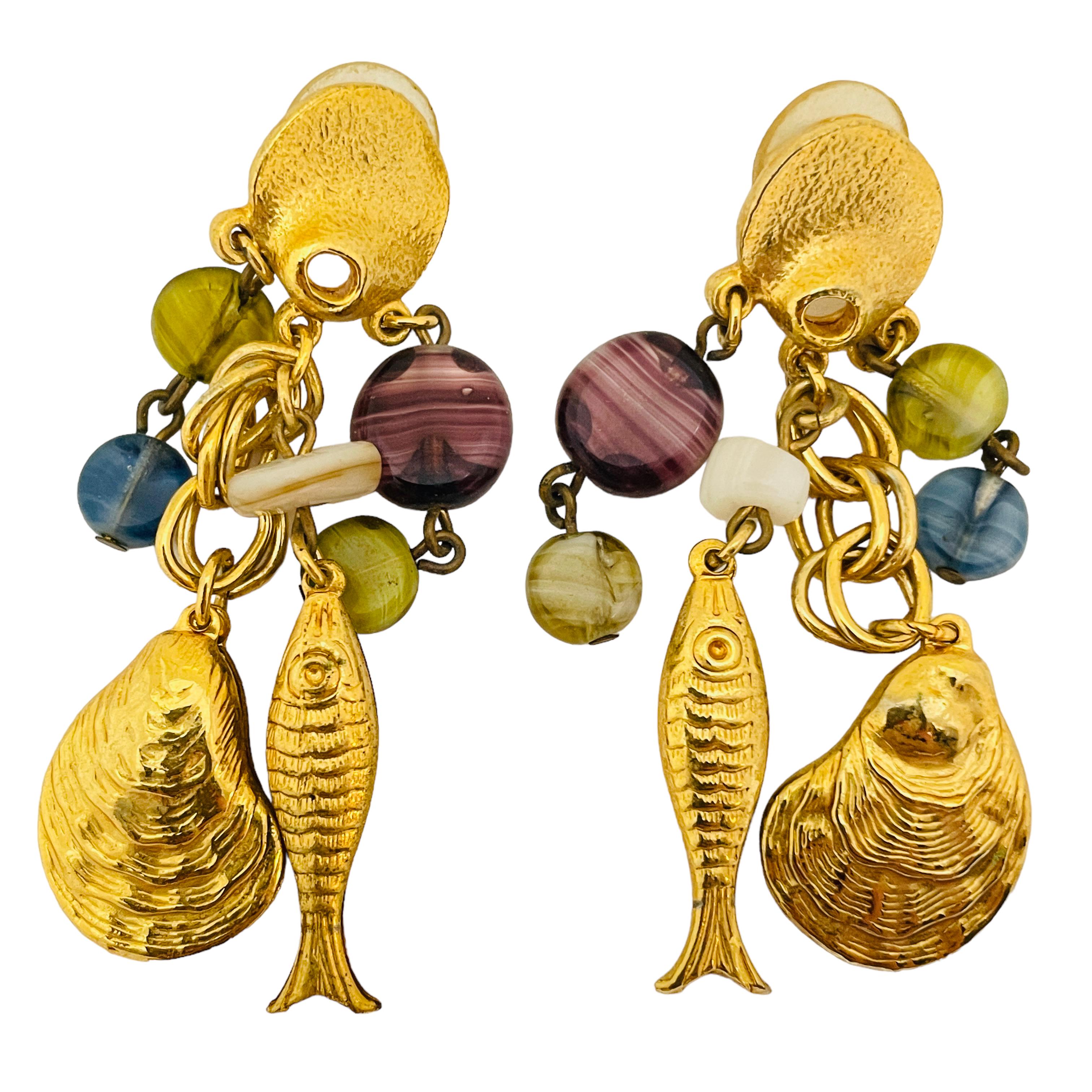 Women's or Men's Vintage gold glass dangle seashells 80’s earrings   For Sale