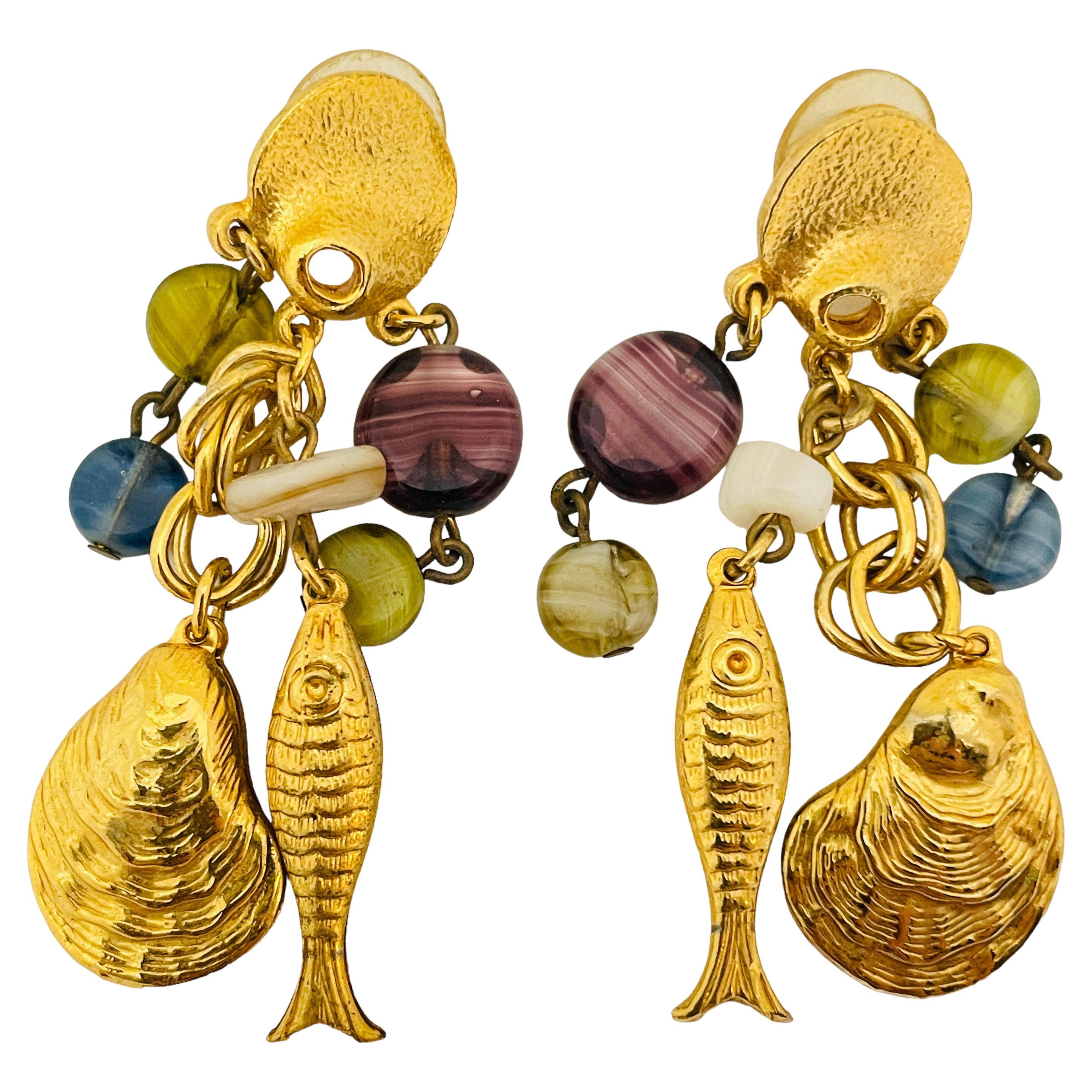 Vintage gold glass dangle seashells 80’s earrings   For Sale