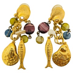 Vintage gold glass dangle seashells 80’s earrings  
