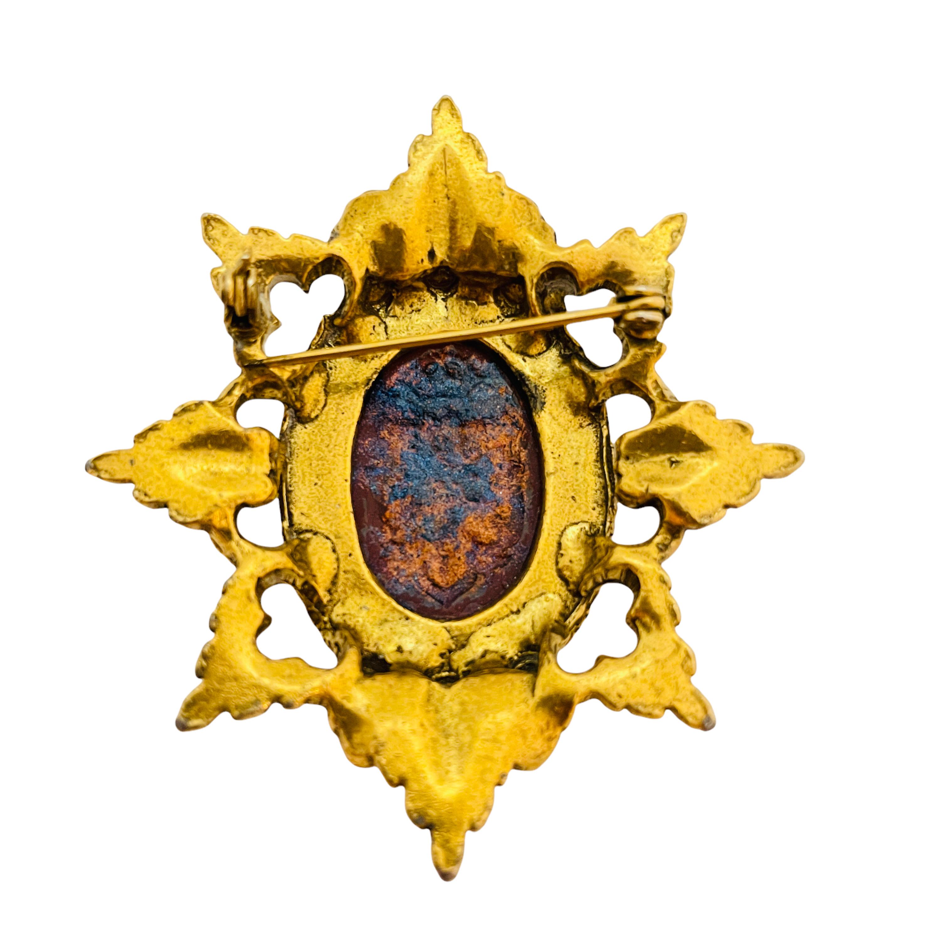 Women's Vintage gold glass enamel crown royal designer brooch For Sale
