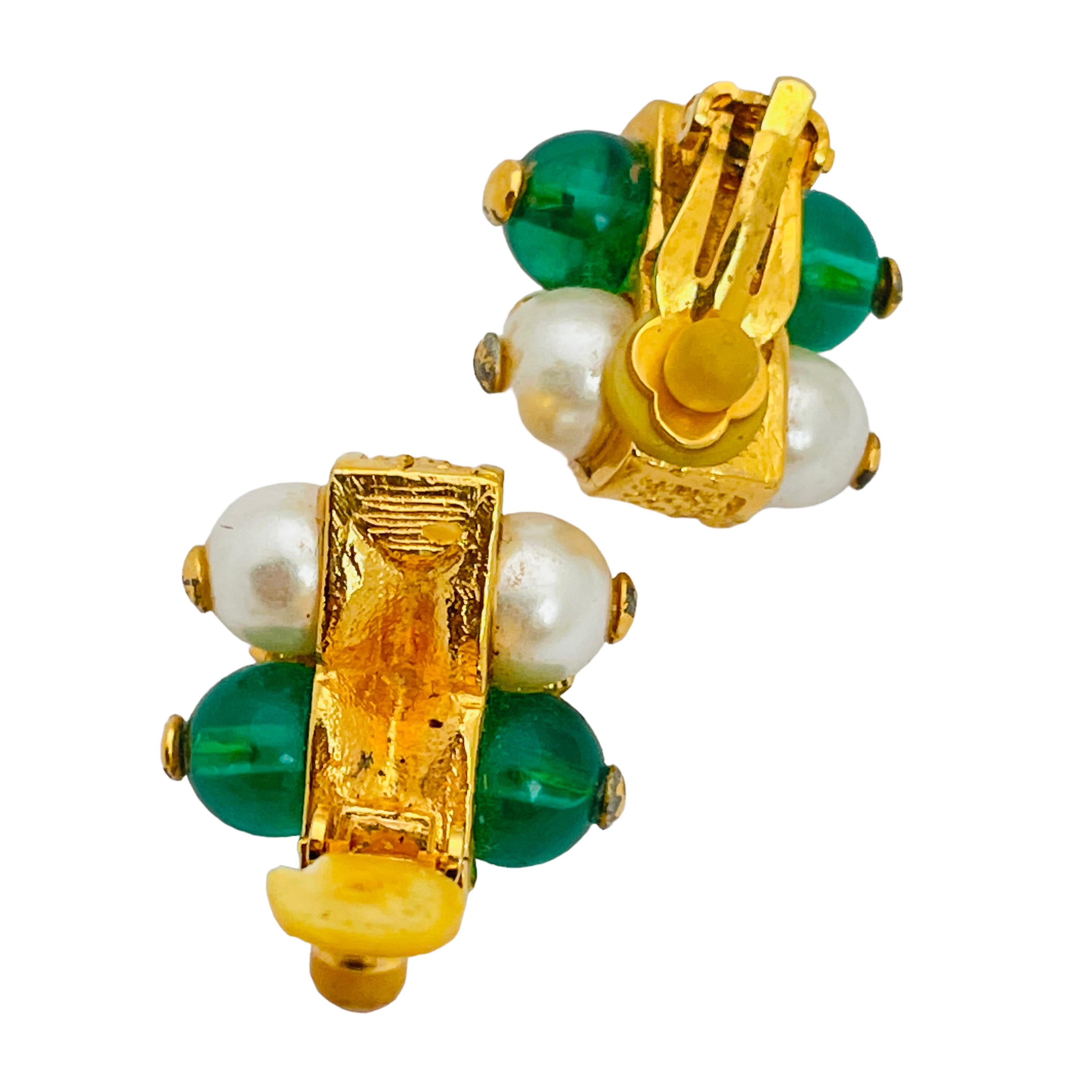 Women's or Men's Vintage gold glass Etruscan byzantine pearl designer runway clip on earrings For Sale